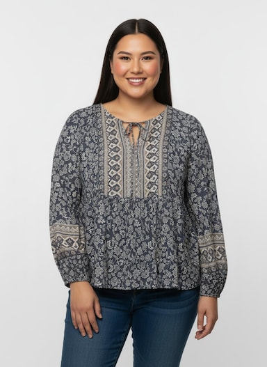 Druckbluse in Tunikaform - rauchblau-champagner-bedruckt