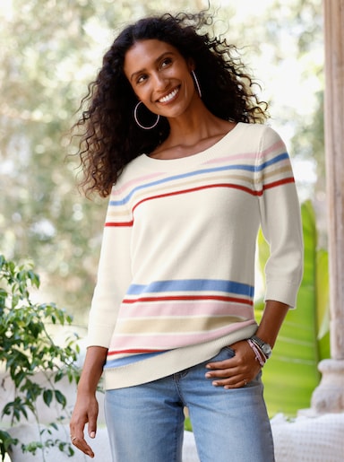 heine Baumwollpullover mit 3/4-Arm - ecru-himmelblau-gemustert