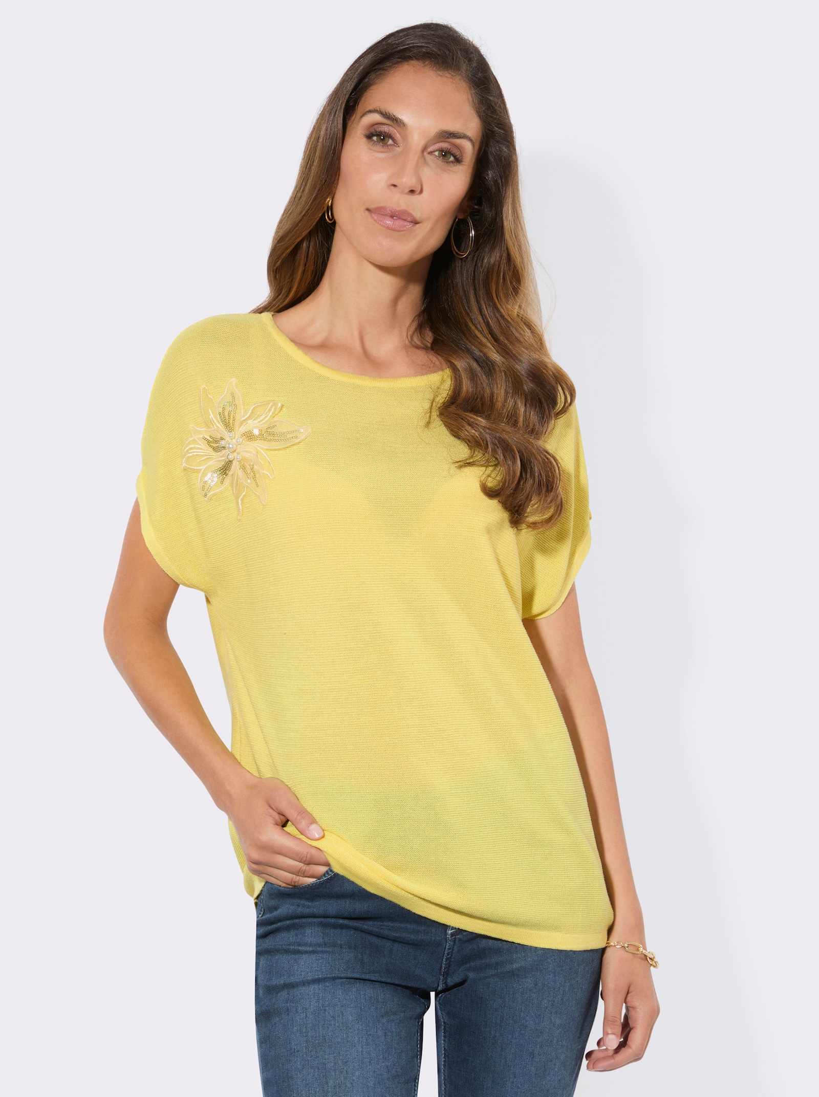 Kurzarmpullover mit Blüten-Applikation - zitrone