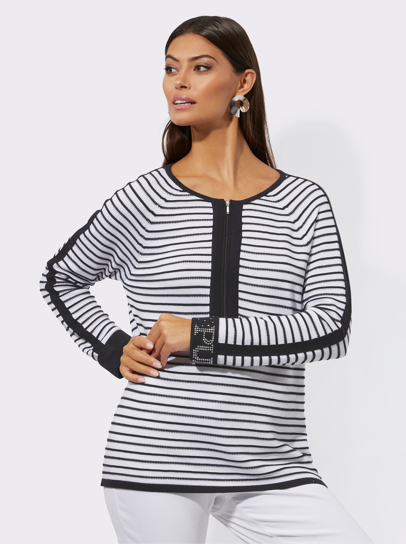 3/4 Arm-Pullover in 3D-Optik - schwarz-weiß-geringelt