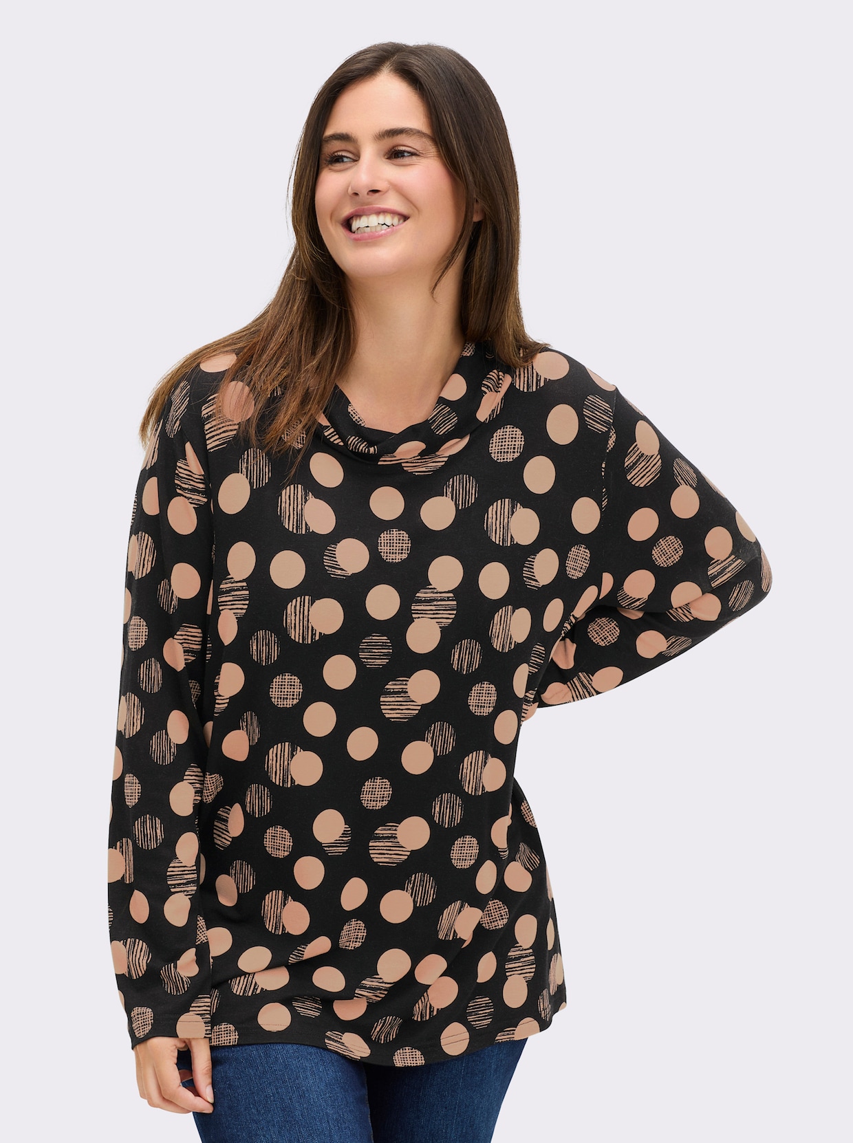 Rollkragenshirt mit Punkte-Druckdessin - schwarz-caramel-bedruckt