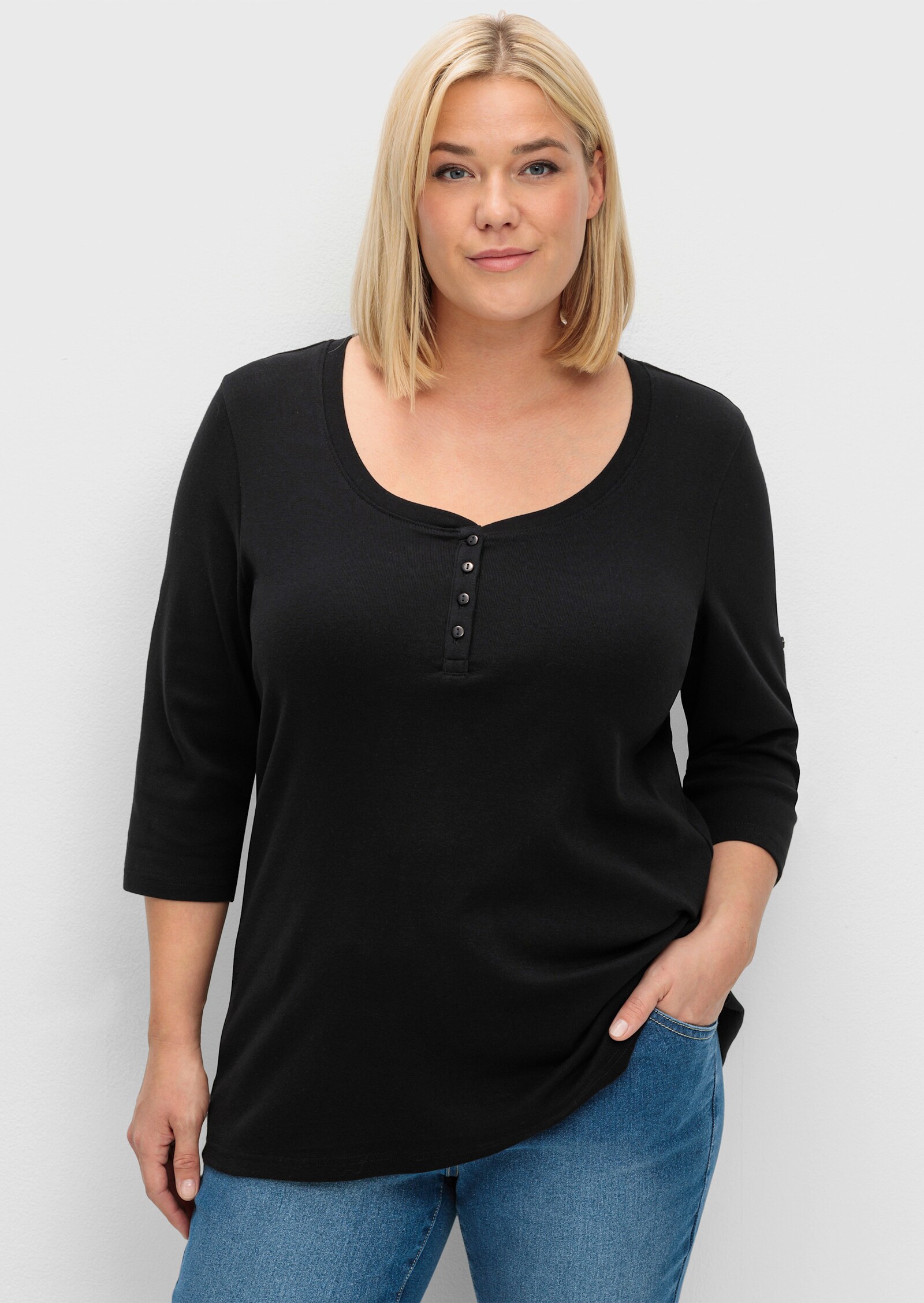 sheego 3/4-Arm-Shirt mit Henleykragen - schwarz