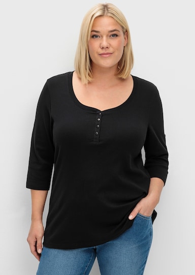 sheego Shirt met 3/4-mouwen en Henley-kraag - zwart
