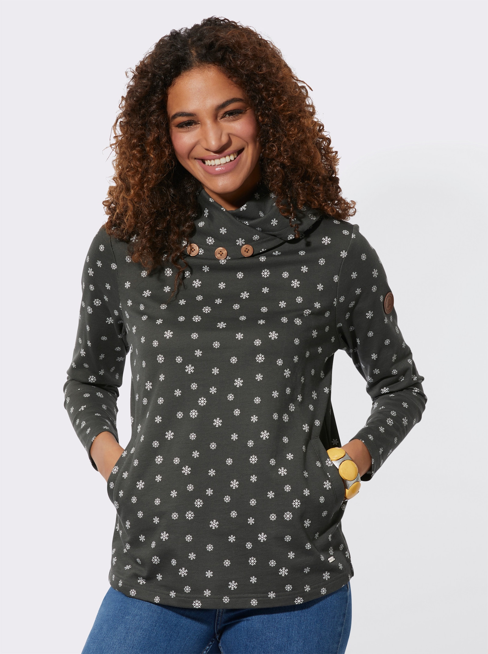 Rollkragenshirt mit Schneeflocken bedruckt - graphit-weiß-bedruckt