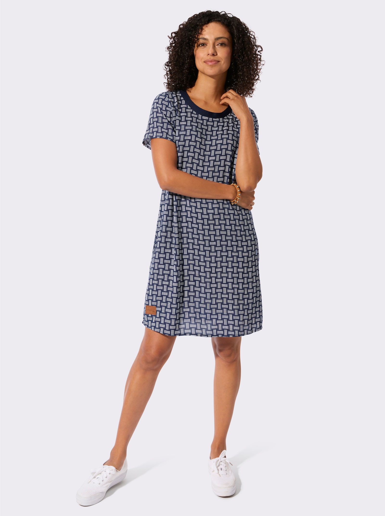 Webkleid in figurfreundlicher A-Linie - marine-ecru-bedruckt