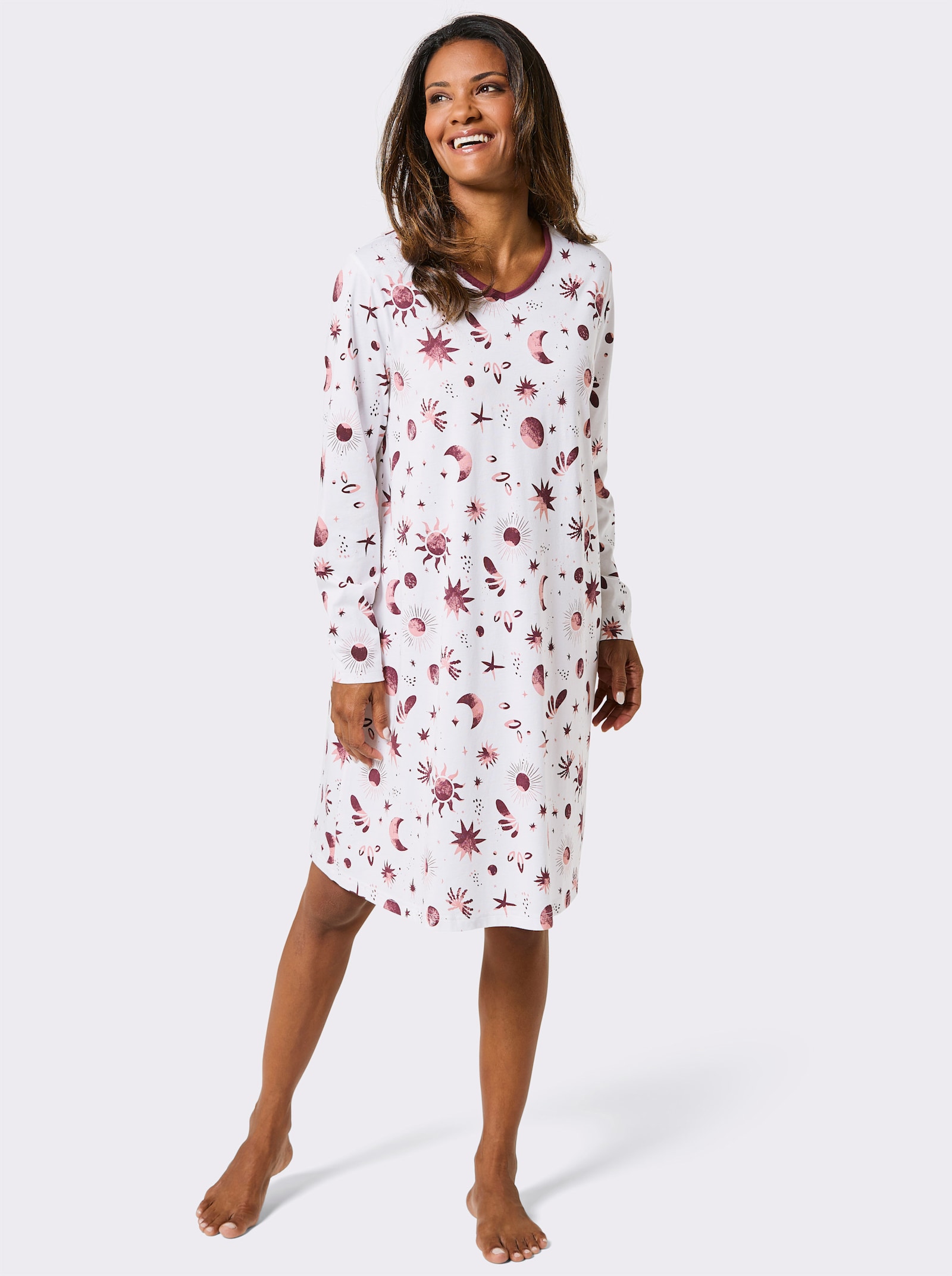 wäschepur Langarm-Sleepshirt in leichter A-Form - ecru-burgund-bedruckt