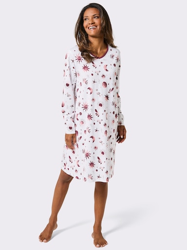 wäschepur Langarm-Sleepshirt in leichter A-Form - ecru-burgund-bedruckt