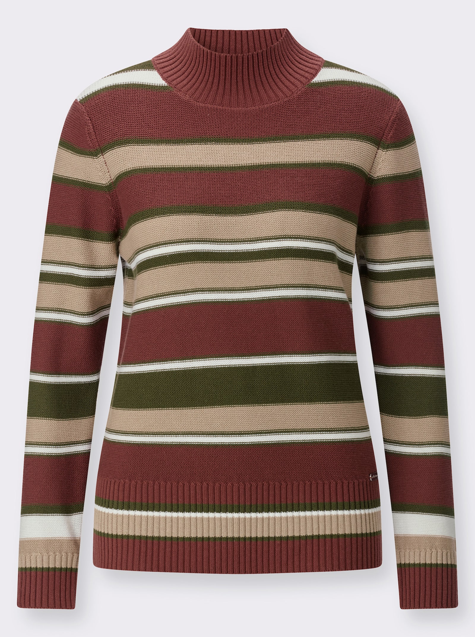 Stehkragenpullover mit Rippbündchen - rotbraun-oliv-geringelt
