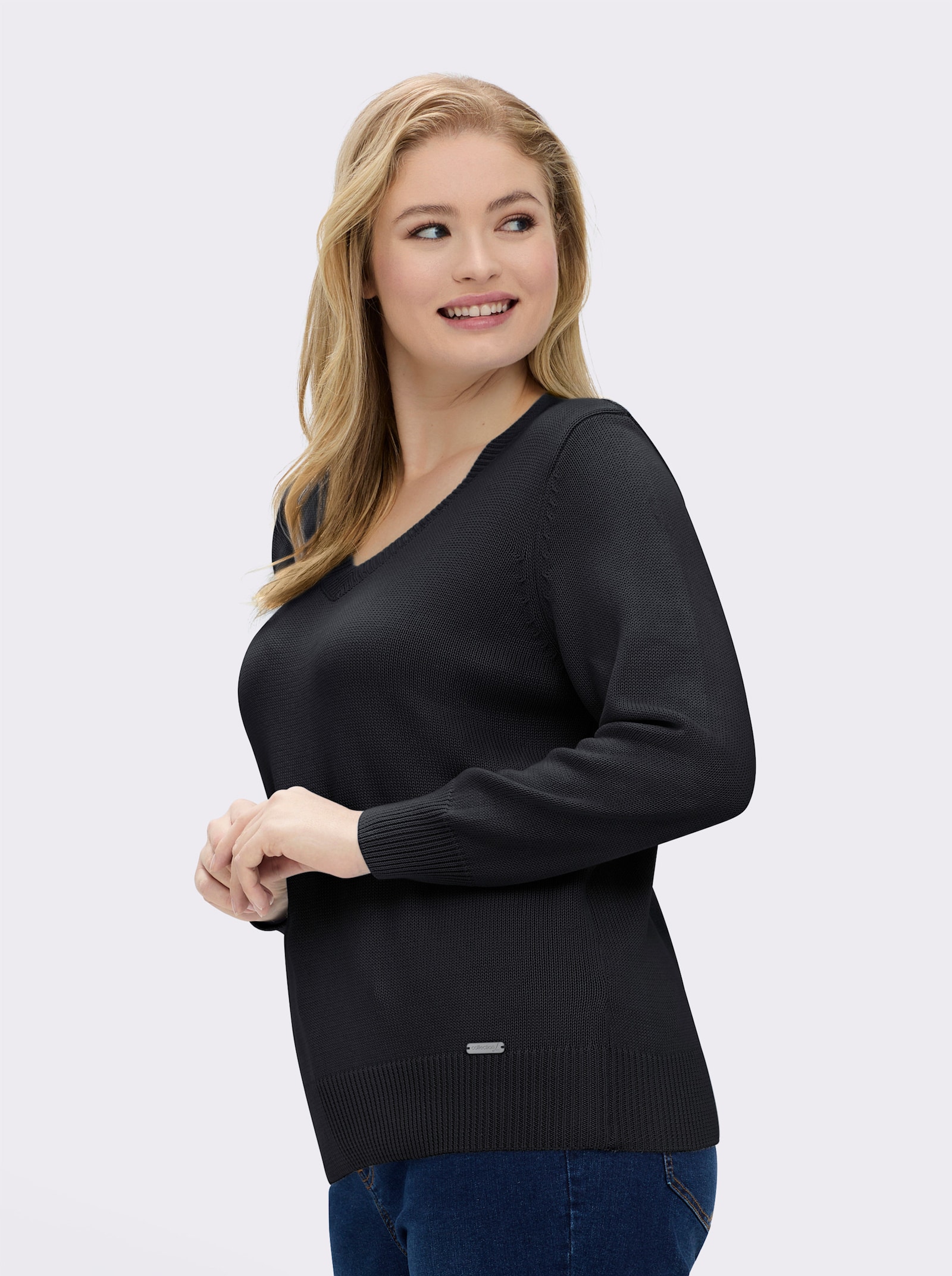 V-Ausschnitt-Pullover mit Baumwolle - schwarz