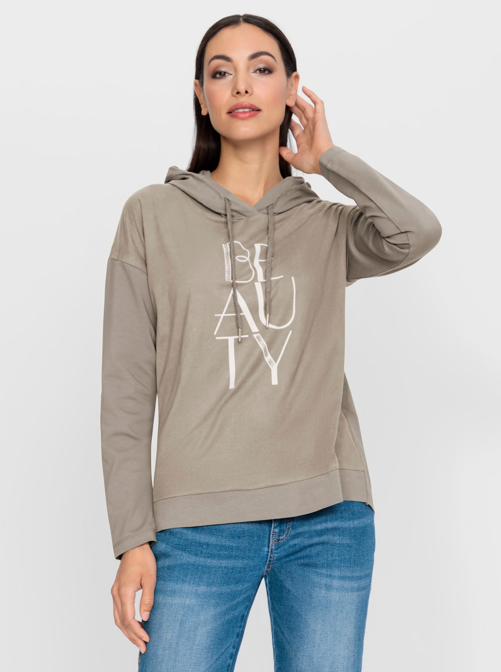 heine Kapuzenshirt mit Glitzersteinen - sesam