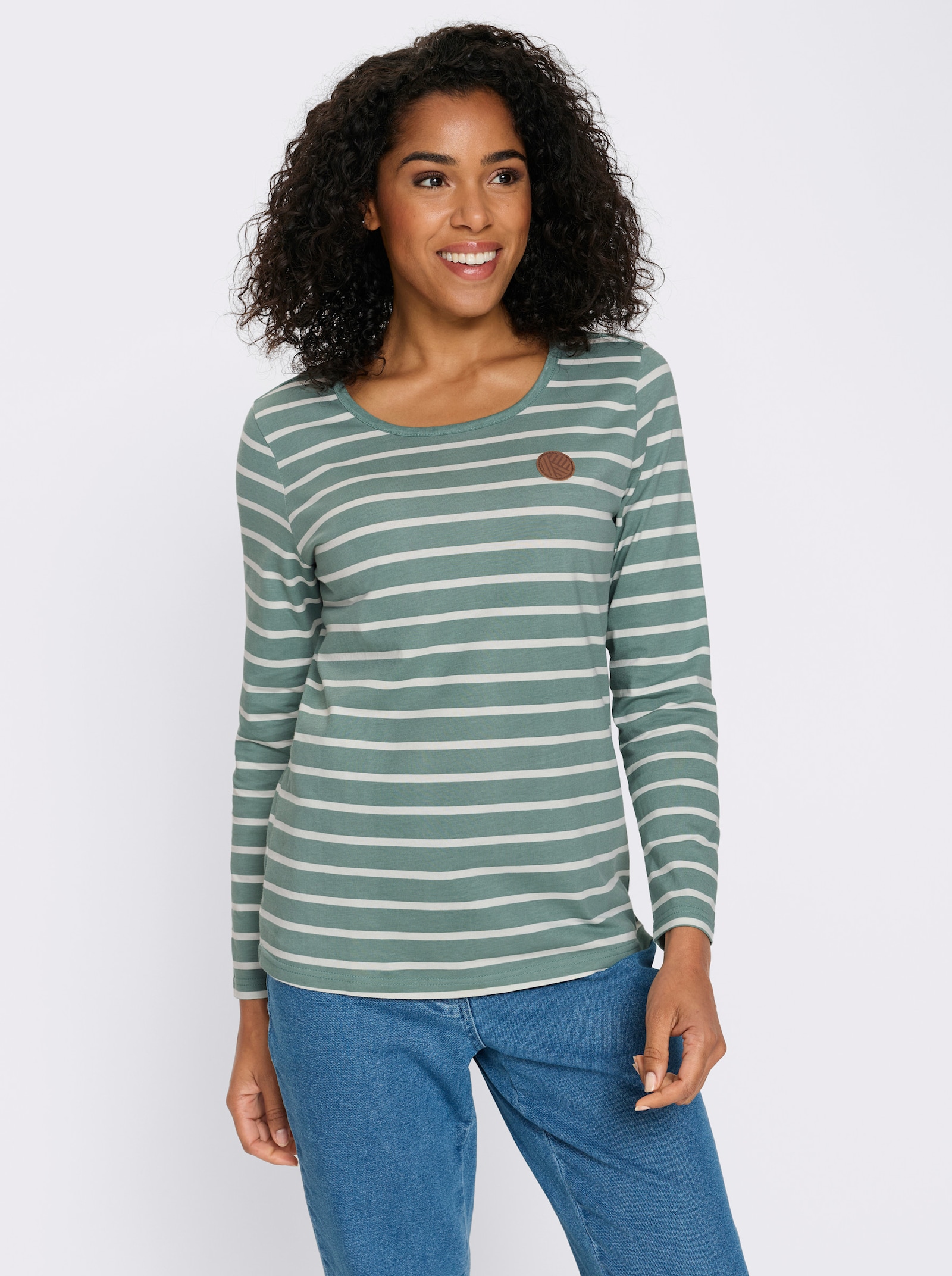 Langarmshirt mit Patch im Vorderteil, geringelt - jade-ecru-geringelt