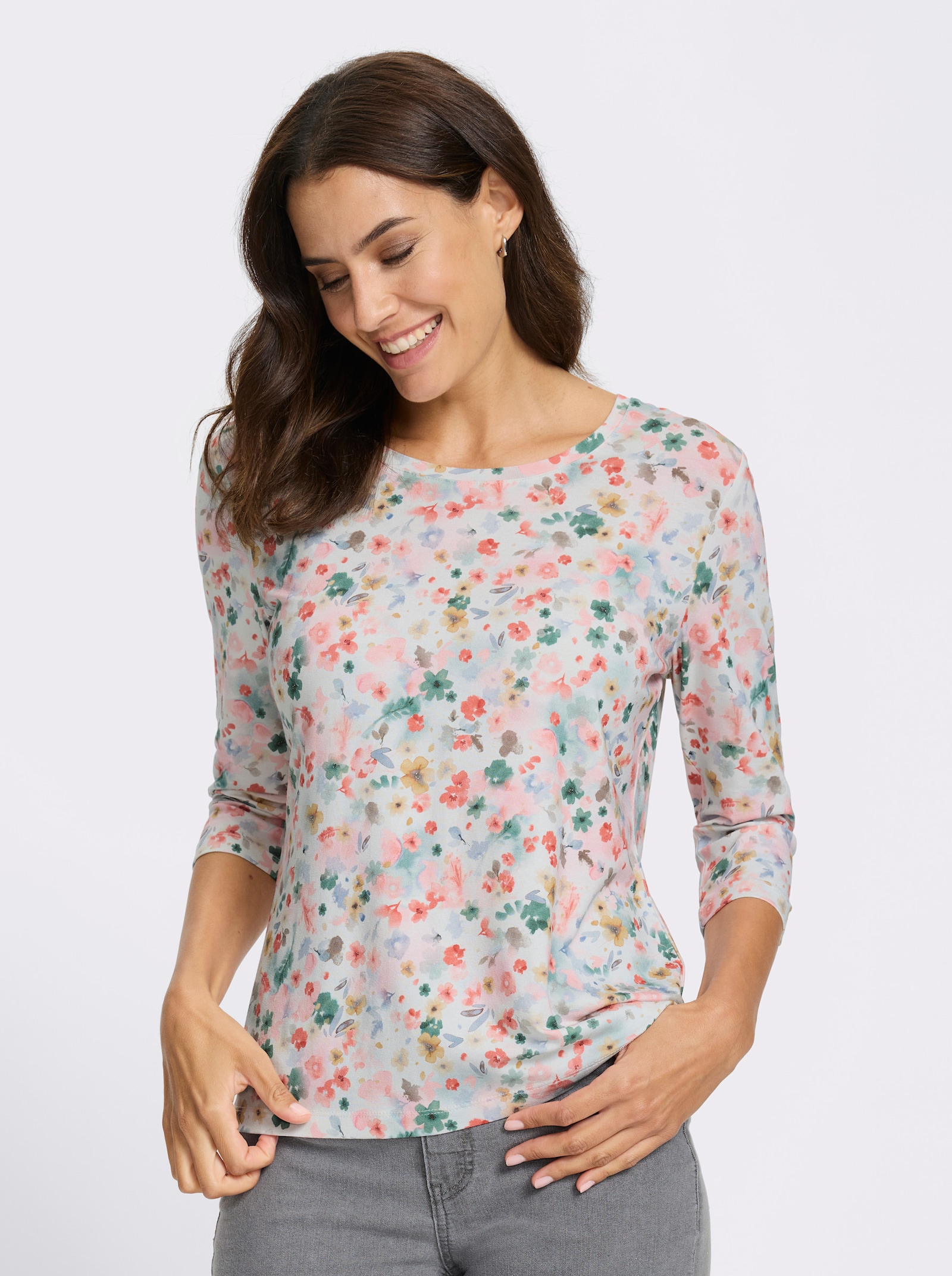 Tričko, 3/4 rukávy, kvetový vzor - Svetlobéžovo-plameniaková potlač