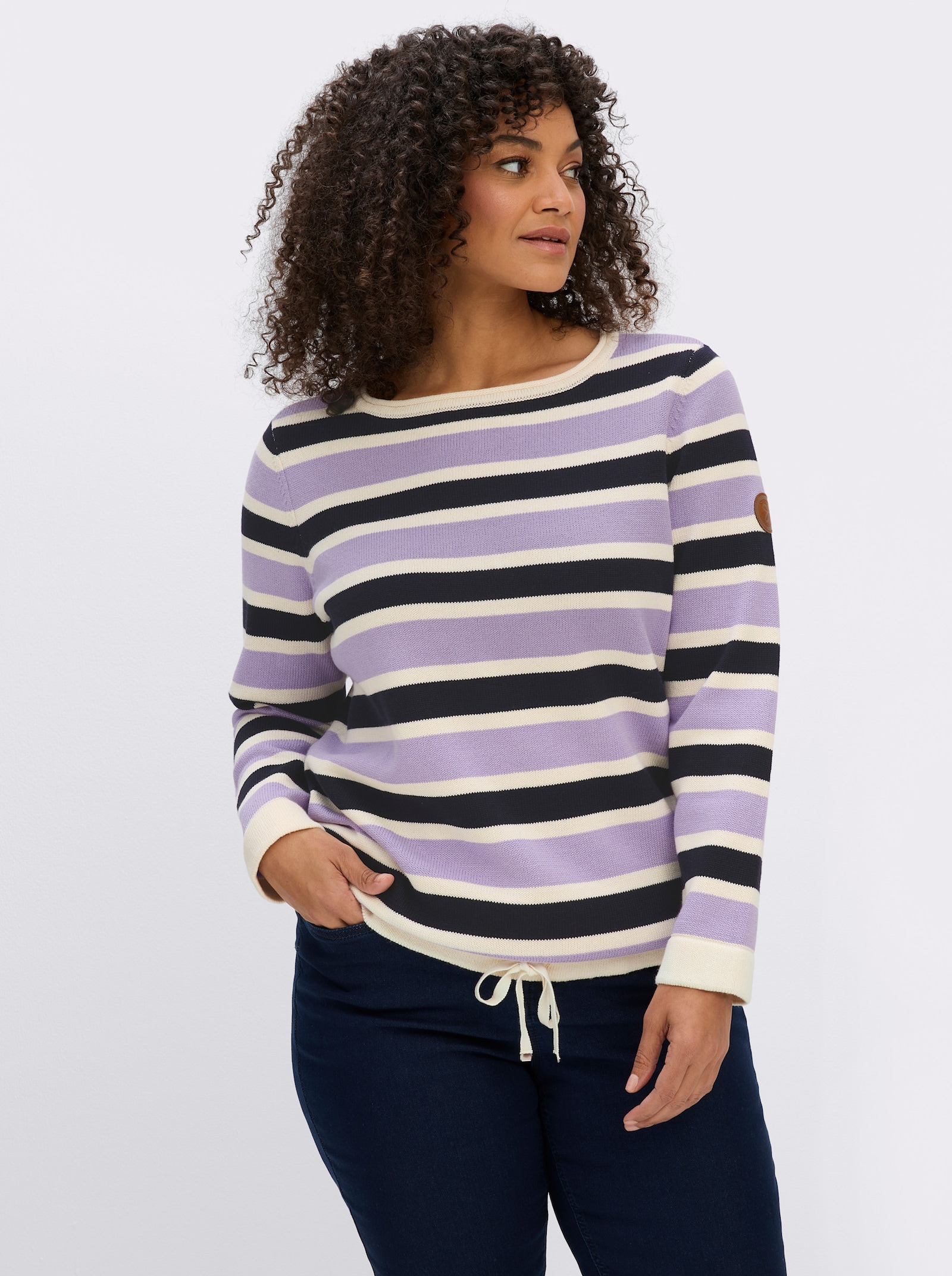 sheego Strickpullover im Colour-Blocking - lila-ecru-geringelt