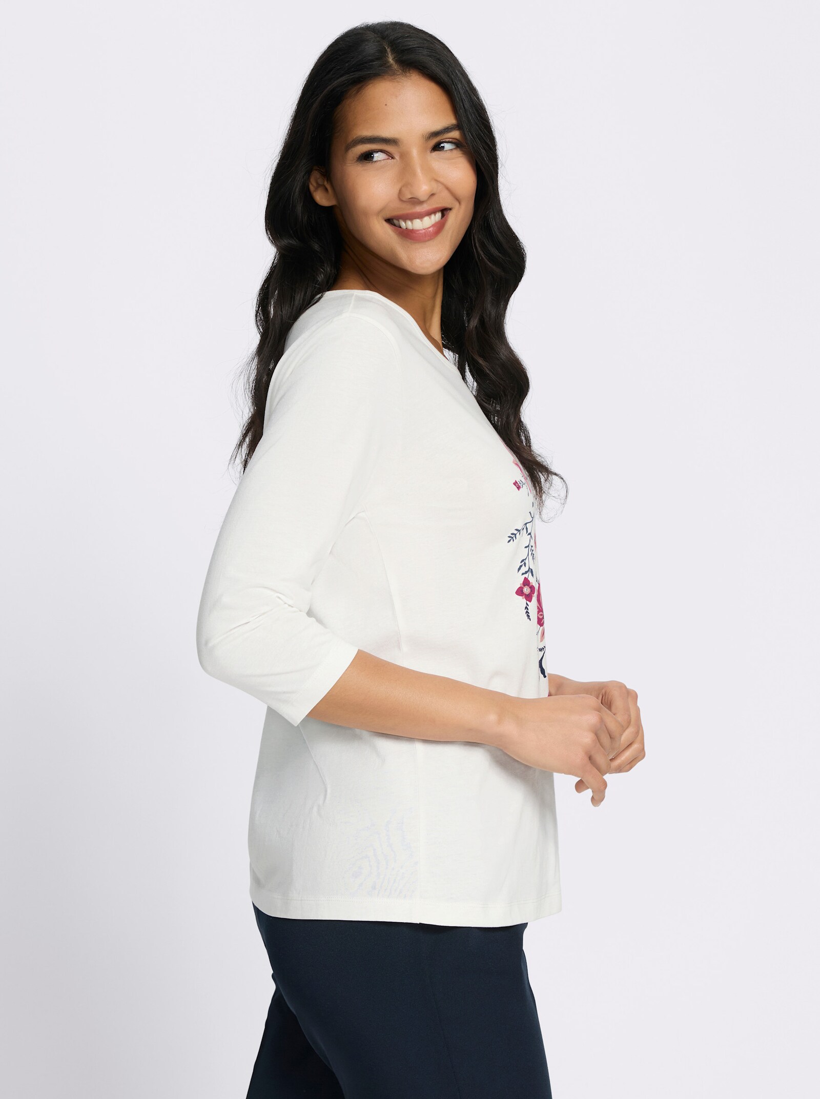 3/4-Arm-Shirt mit Glitzersteinchen - ecru-marine