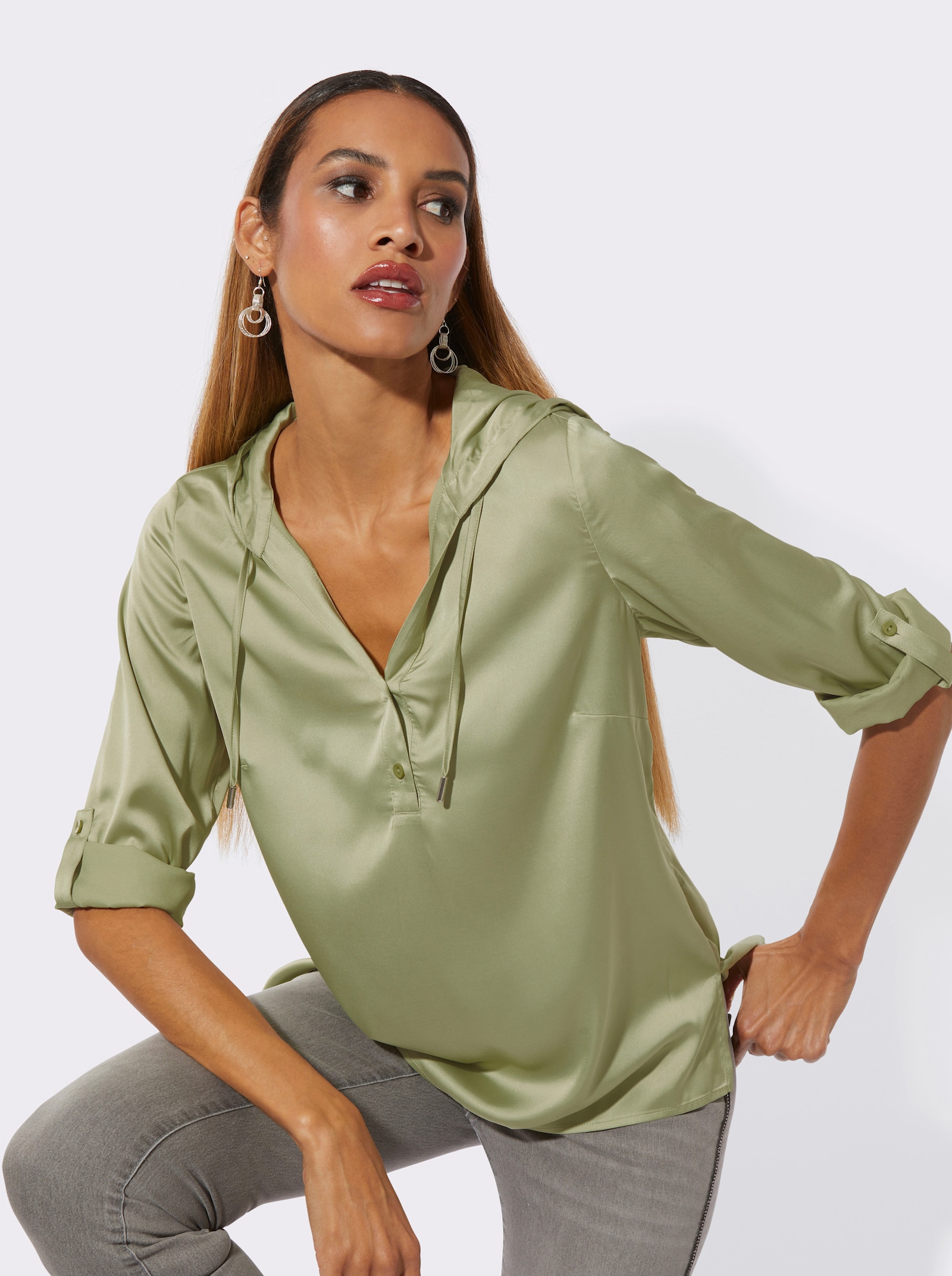 Schlupfbluse mit Kapuze - pistazie