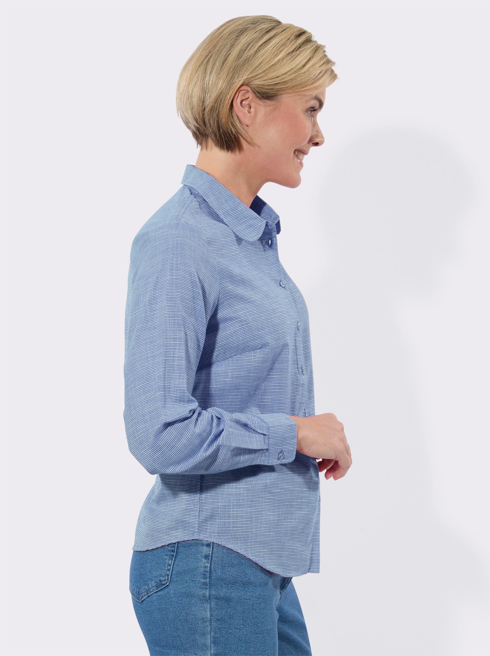 Langarmbluse mit Karo-Muster - mittelblau-ecru-kariert