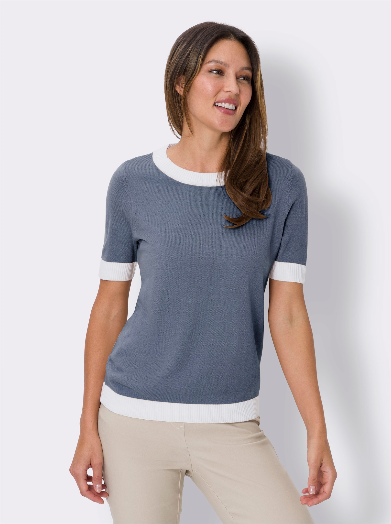 Kurzarmpullover aus Jersey-Strick - taubenblau