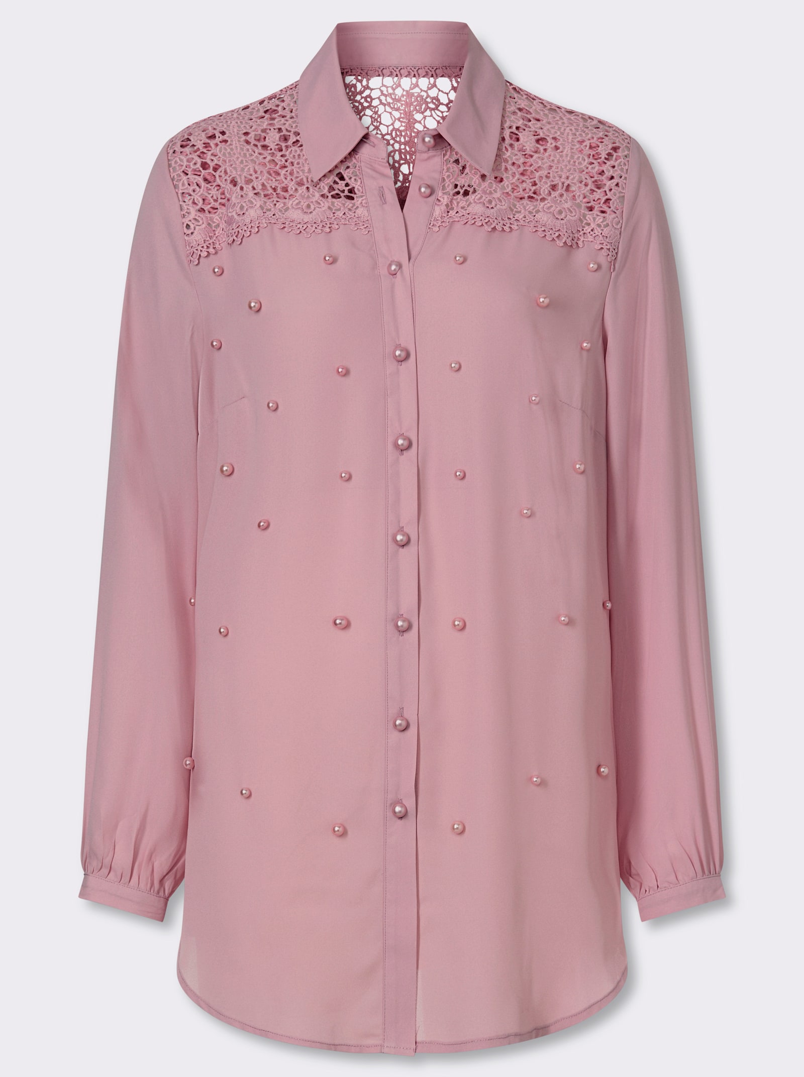 Longbluse mit Spitze und Zierperlen - hortensie