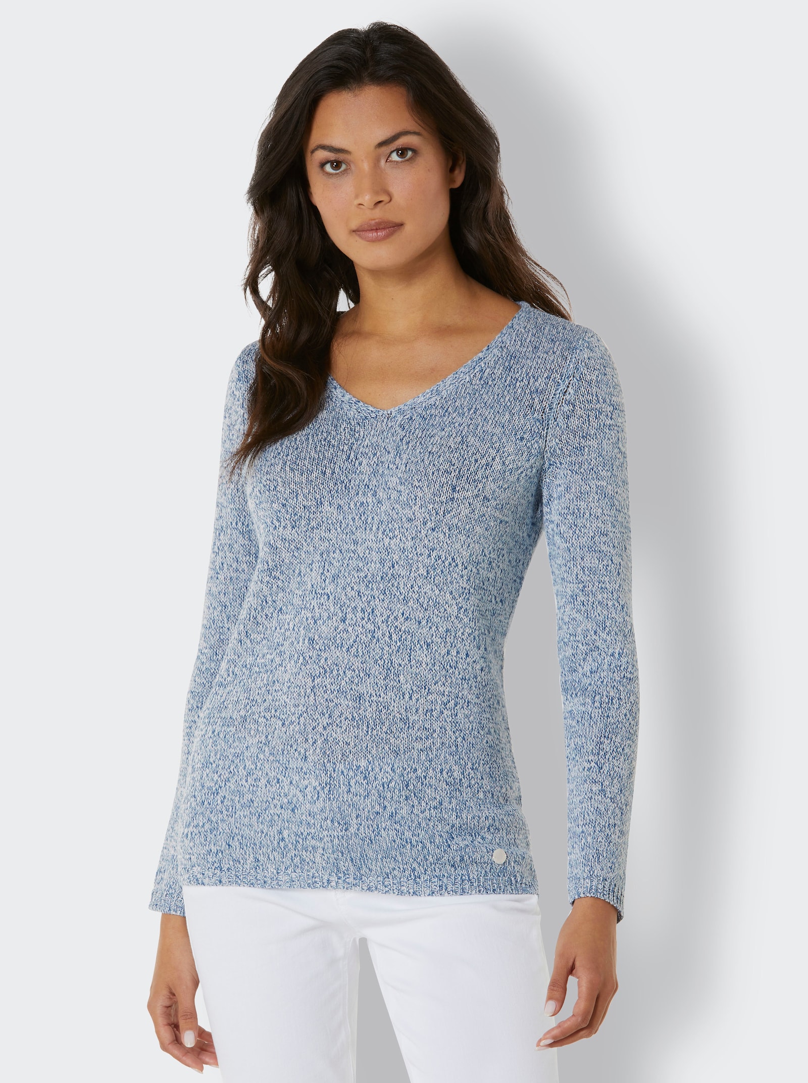 CREATION L PREMIUM V-Ausschnitt-Pullover in Melange-Qualität - jeansblau-mint-meliert