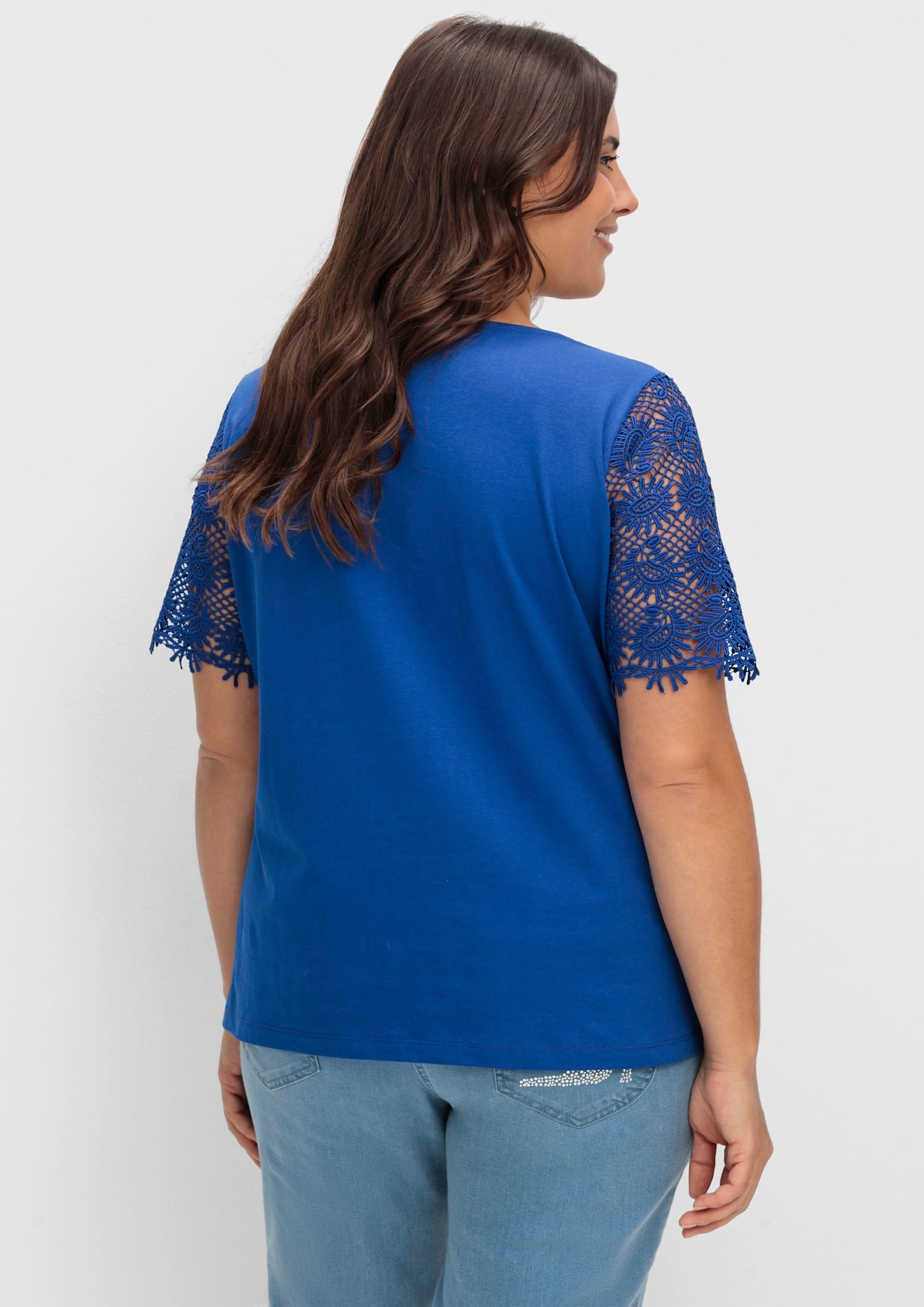 Spitzenshirt mit transparenter Spitze - royalblau
