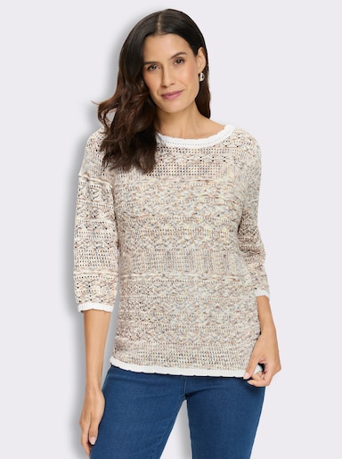 Ajour-Pullover - ecru-camel-gemustert