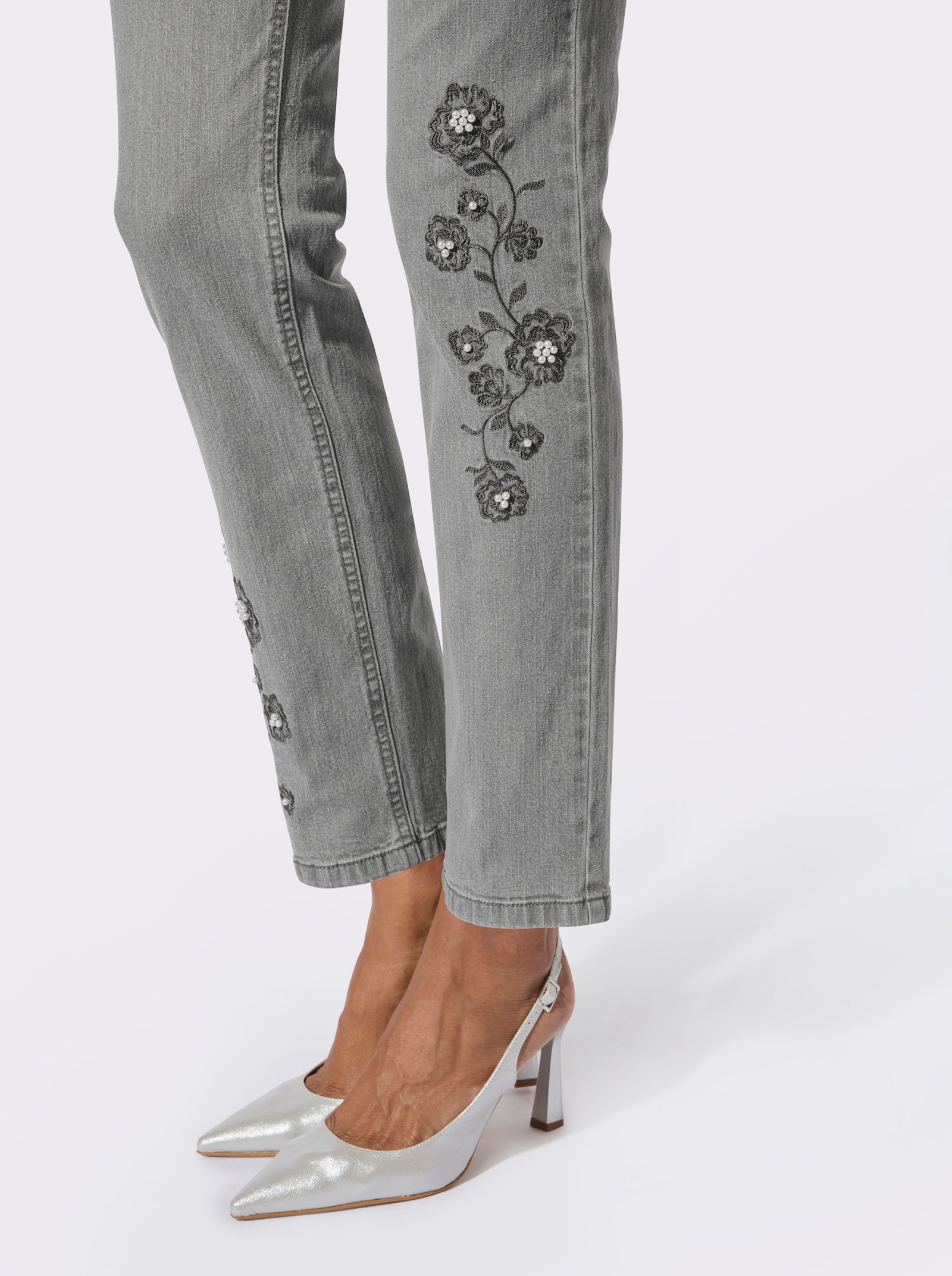5-Pocket-Jeans mit floraler Stickerei - grey-denim