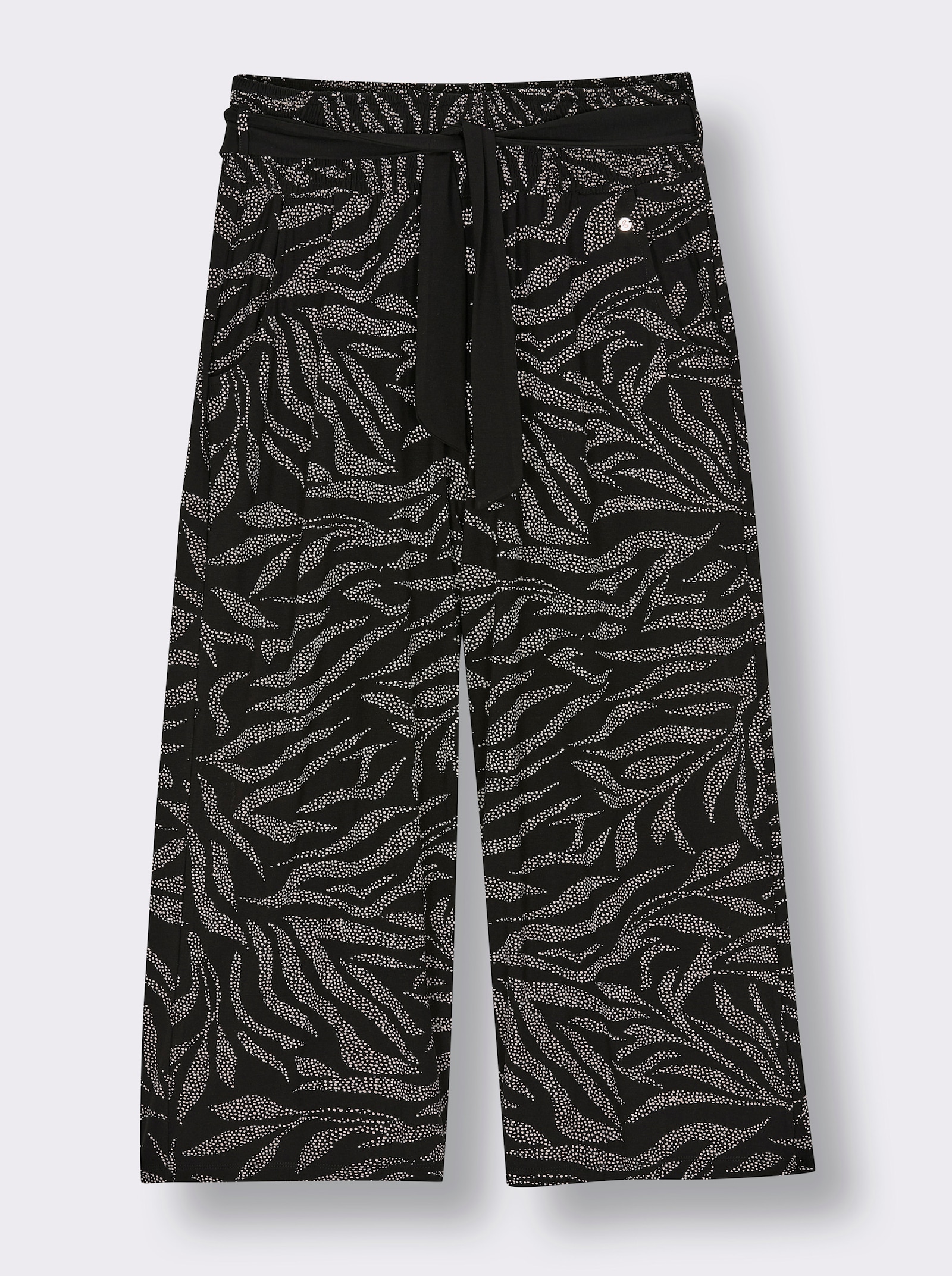sheego Culotte mit Blätterprint und Bindegürtel - schwarz-ecru-bedruckt