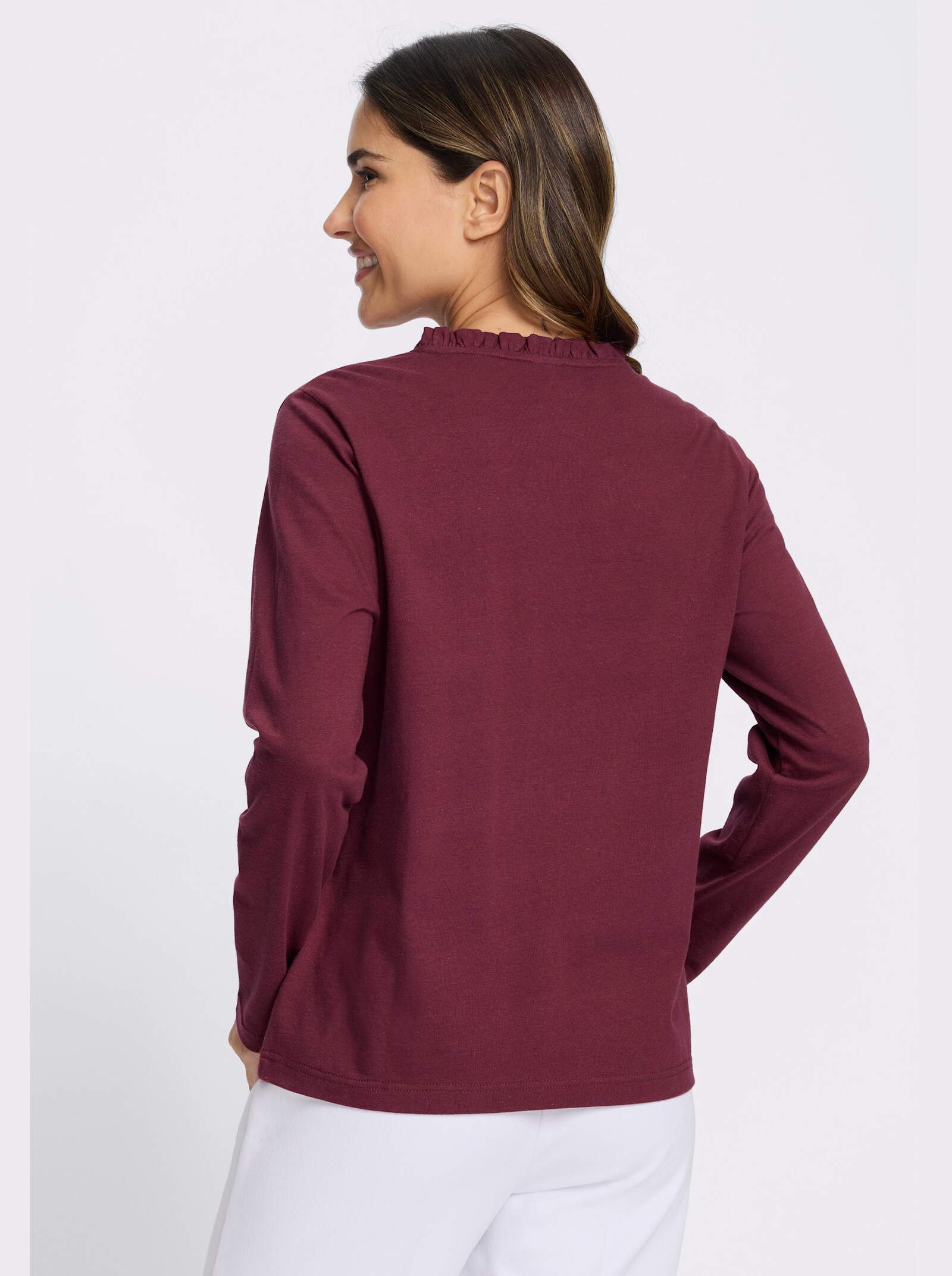 Langarmshirt mit gerüschtem Stehkragen - bordeaux