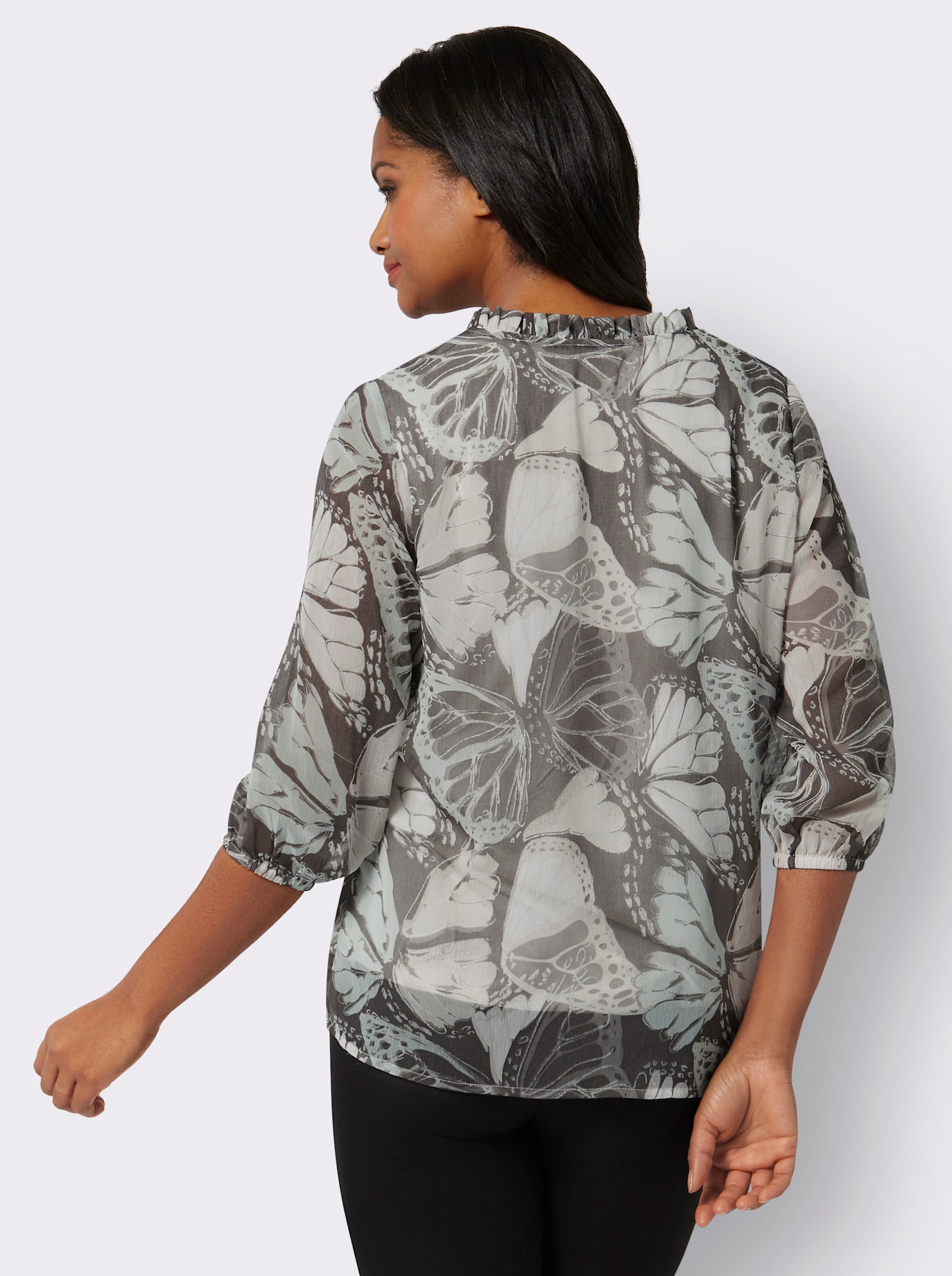 Druckbluse mit Volant am Ausschnitt - grau-kalkmint-bedruckt