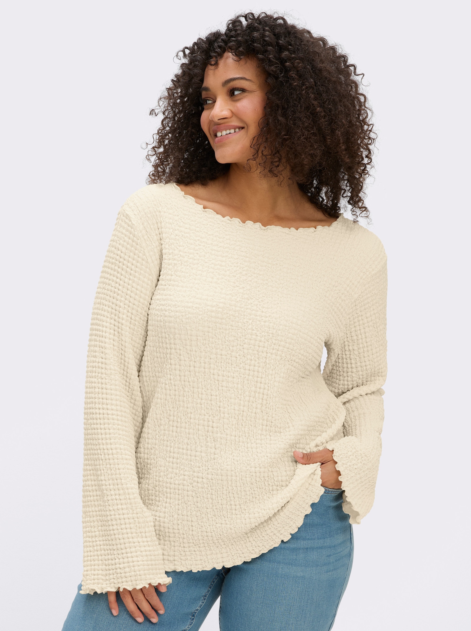 sheego Langarmshirt aus stretchiger Smok-Qualität - champagner