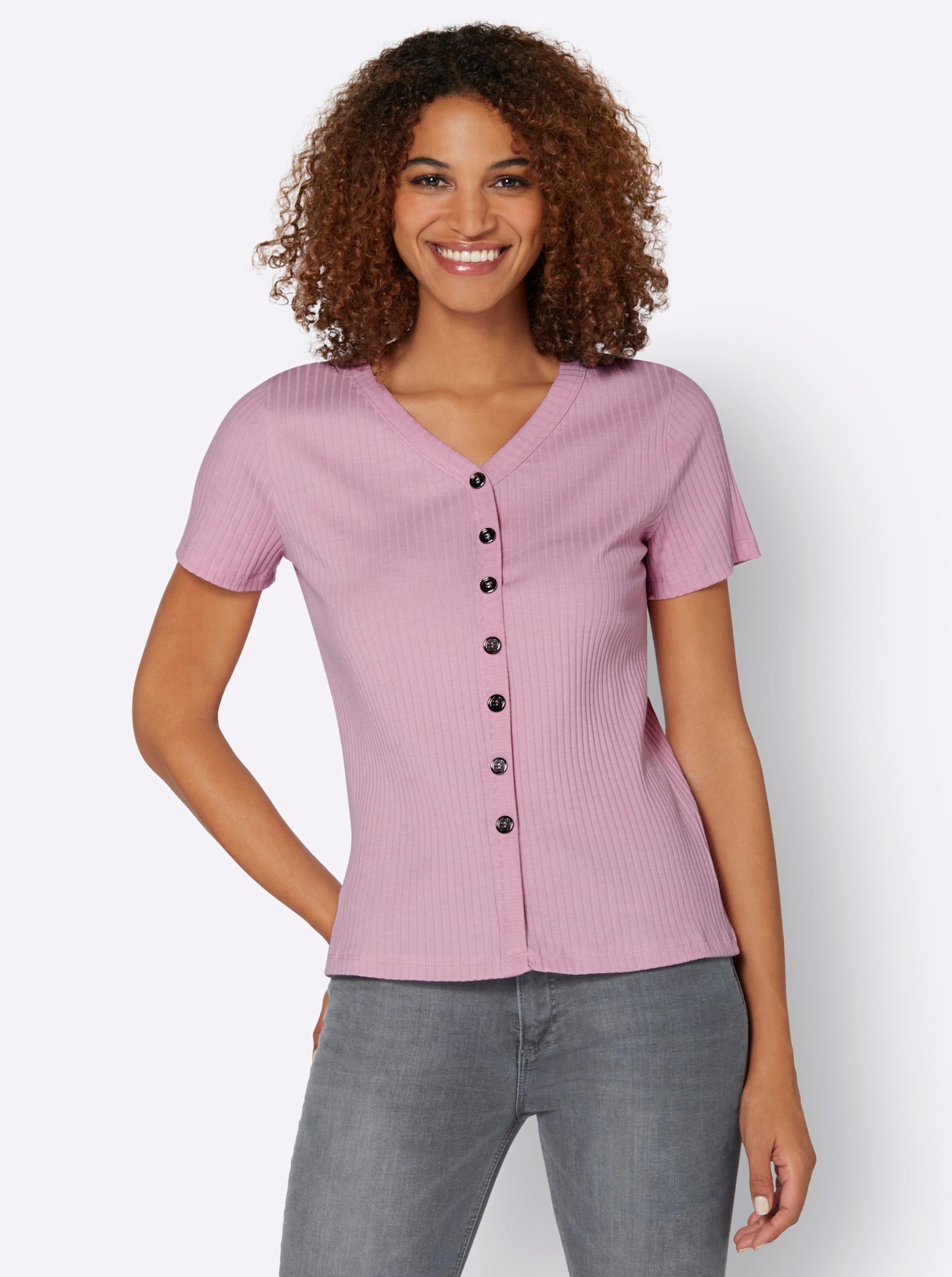 Kurzarm Shirt günstig Kaufen-Kurzarmshirt in rosé von heine. Kurzarmshirt in rosé von heine <![CDATA[Die Ripp-Qualität macht dieses Shirt herrlich bequem, der Stretch-Anteil sorgt für die nötige Bewegungsfreiheit! Mit V-Ausschnitt und durchgehender Zierknopfleiste mit ko