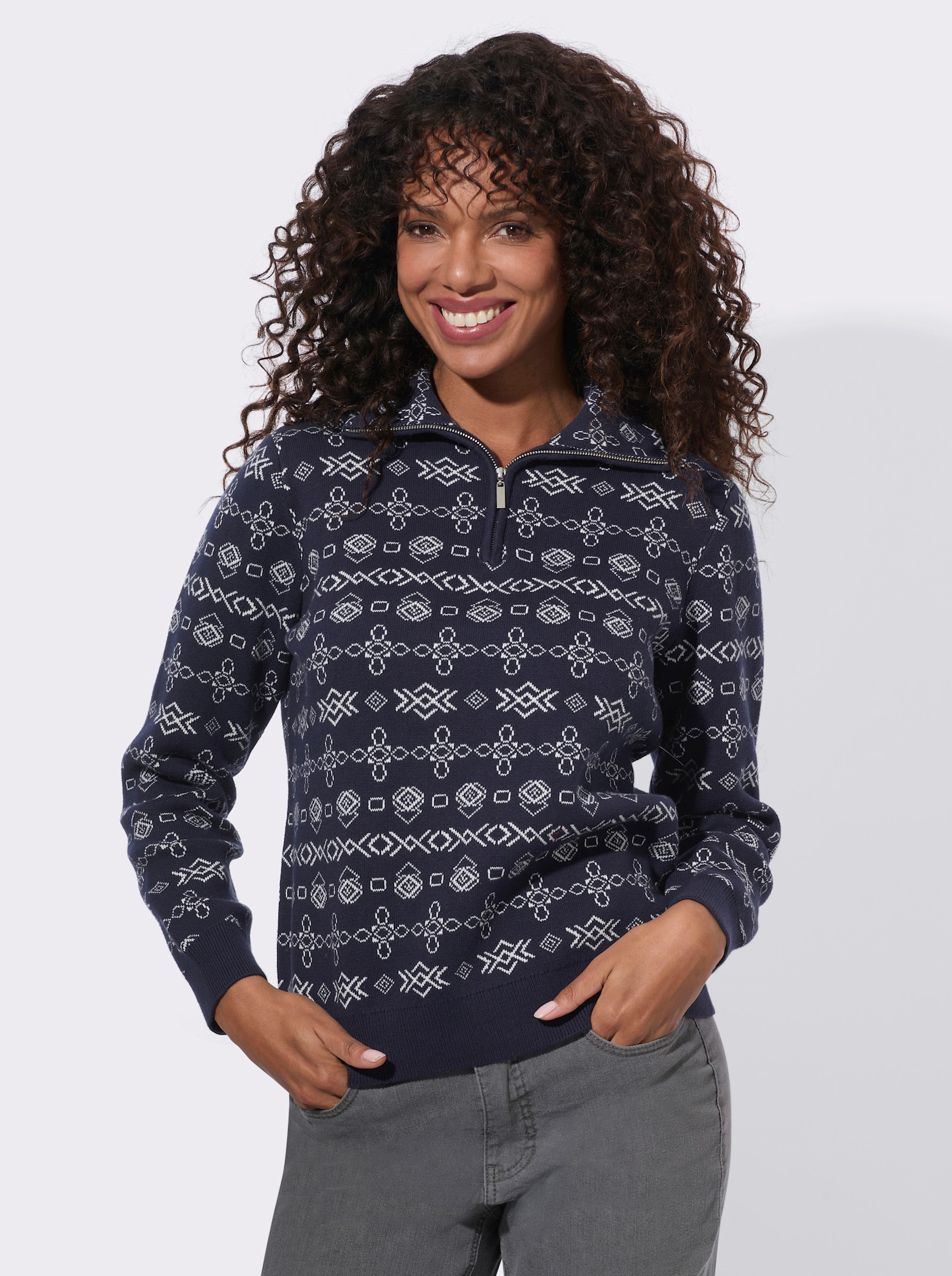 Jacquard-Pullover mit geripptem Saum - marine-ecru-gemustert