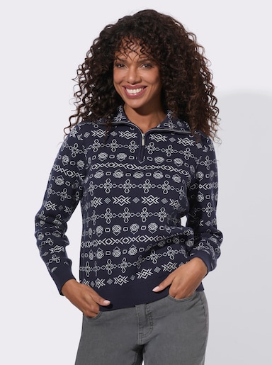 Jacquard-Pullover mit geripptem Saum - marine-ecru-gemustert