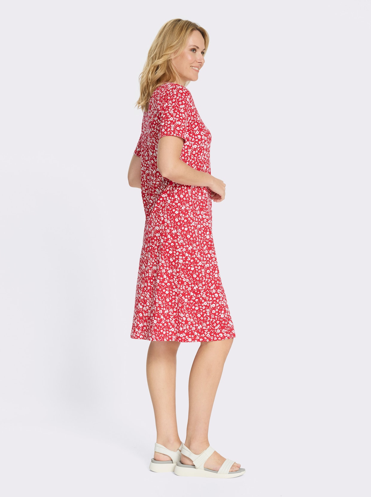 Jerseykleid im Millesfleurs-Dessin - rot-weiß-bedruckt