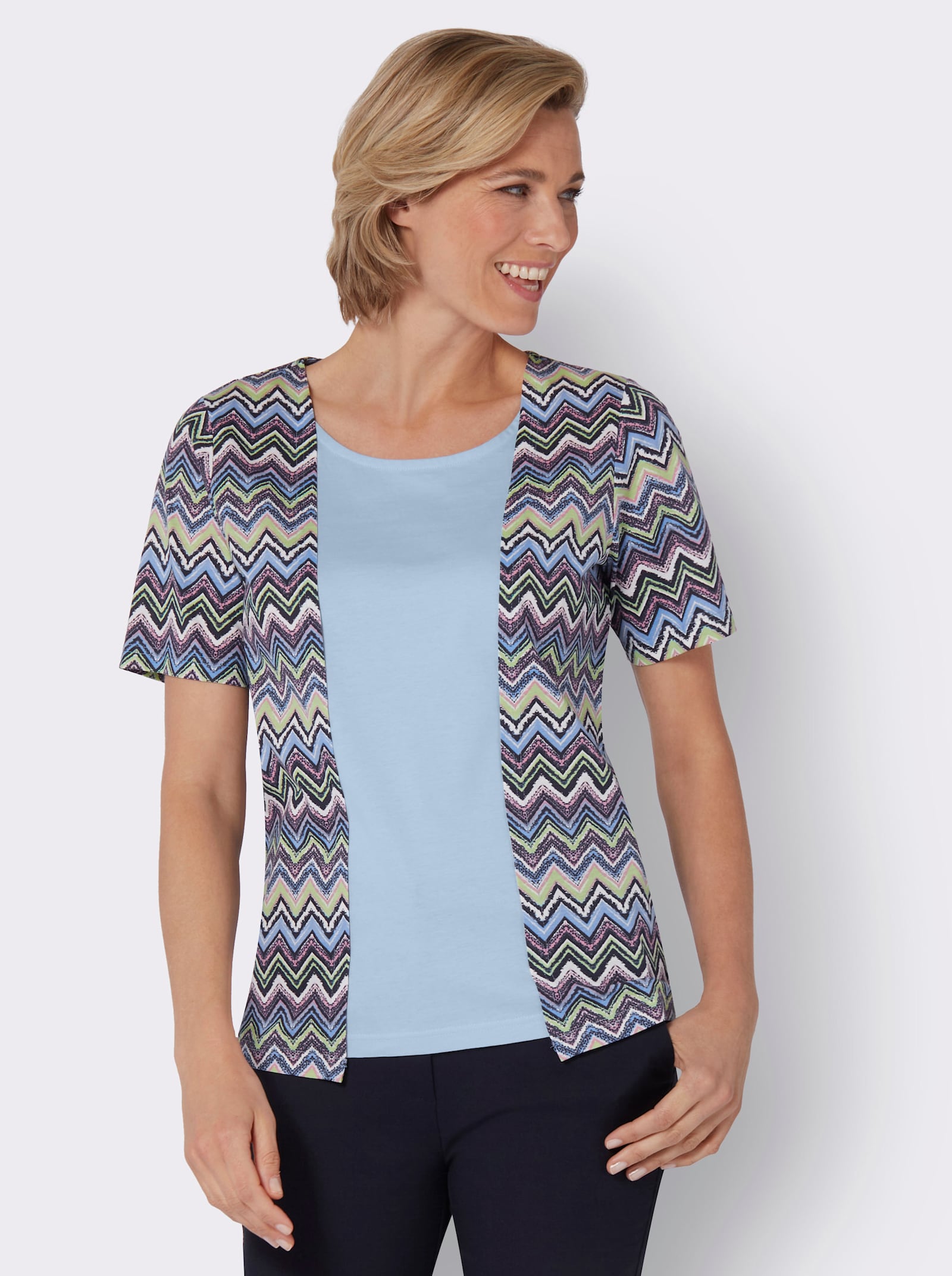 2-in-1-Shirt mit Zick-Zack-Muster - himmelblau-altrosa-bedruckt