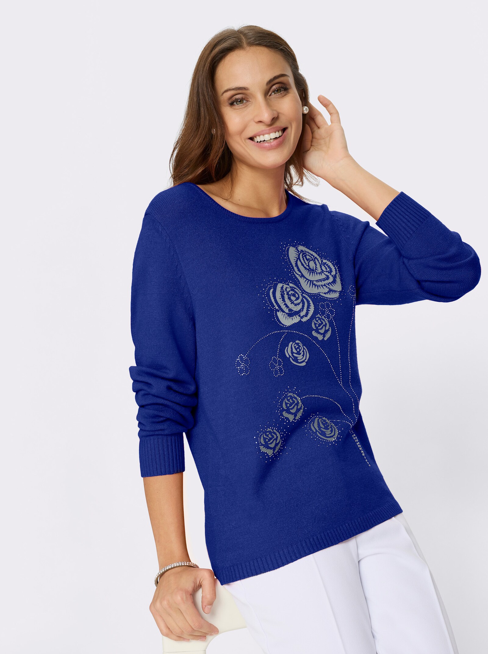 Rundhalspullover mit Flockprint - royalblau