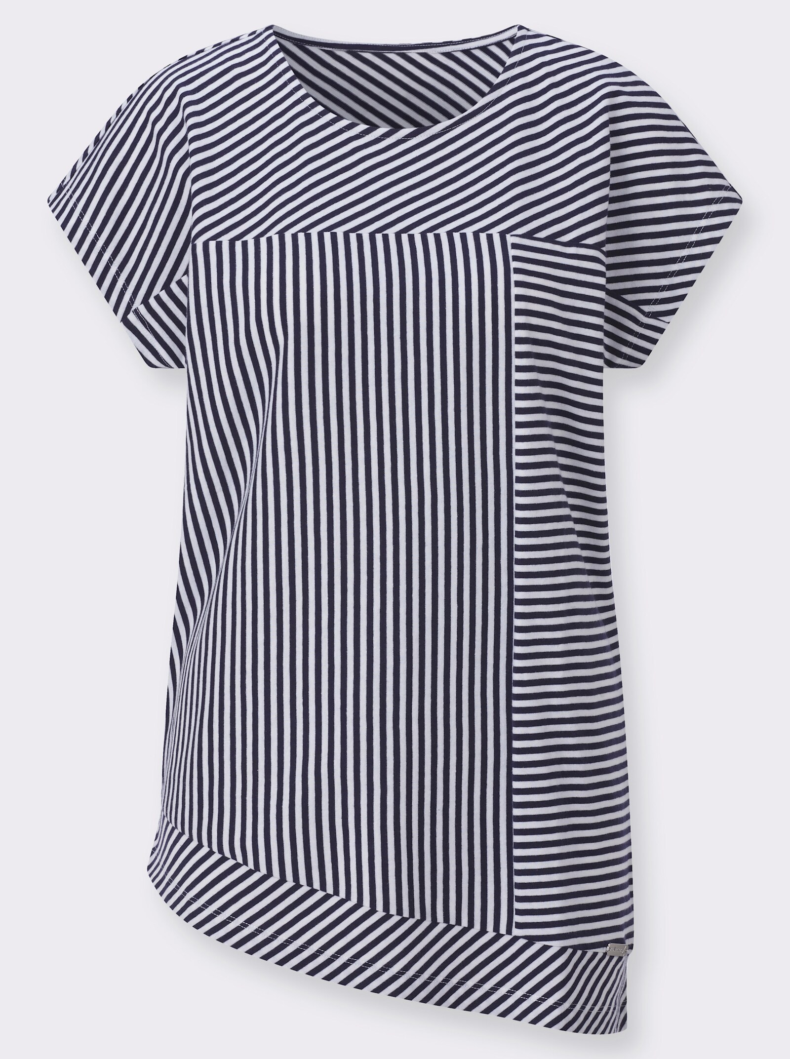 Rundhalsshirt mit asymmetrischem Saum - marine-weiß-geringelt