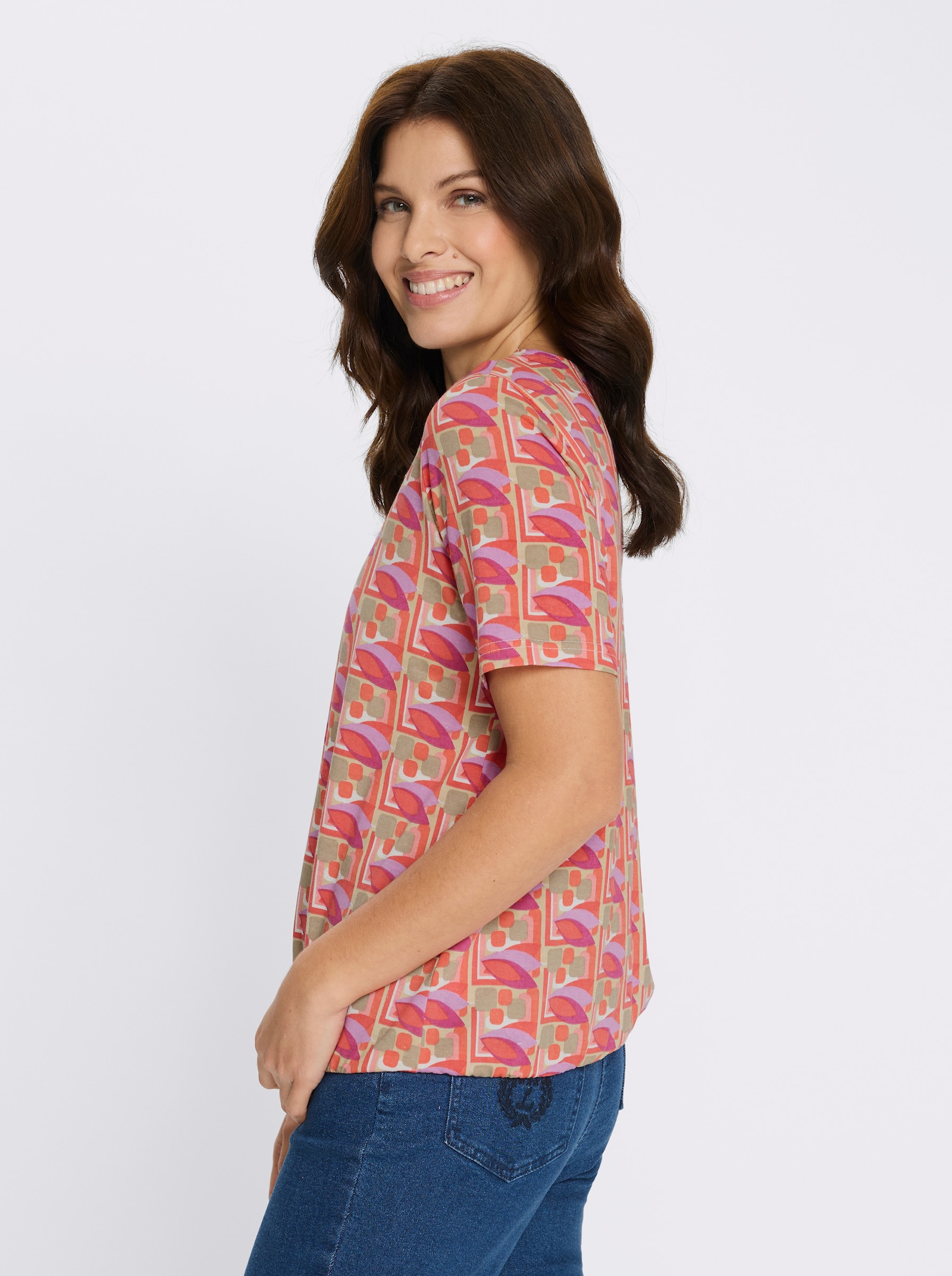 Kurzarmshirt mit grafischem Druckmuster - sesam-koralle-bedruckt