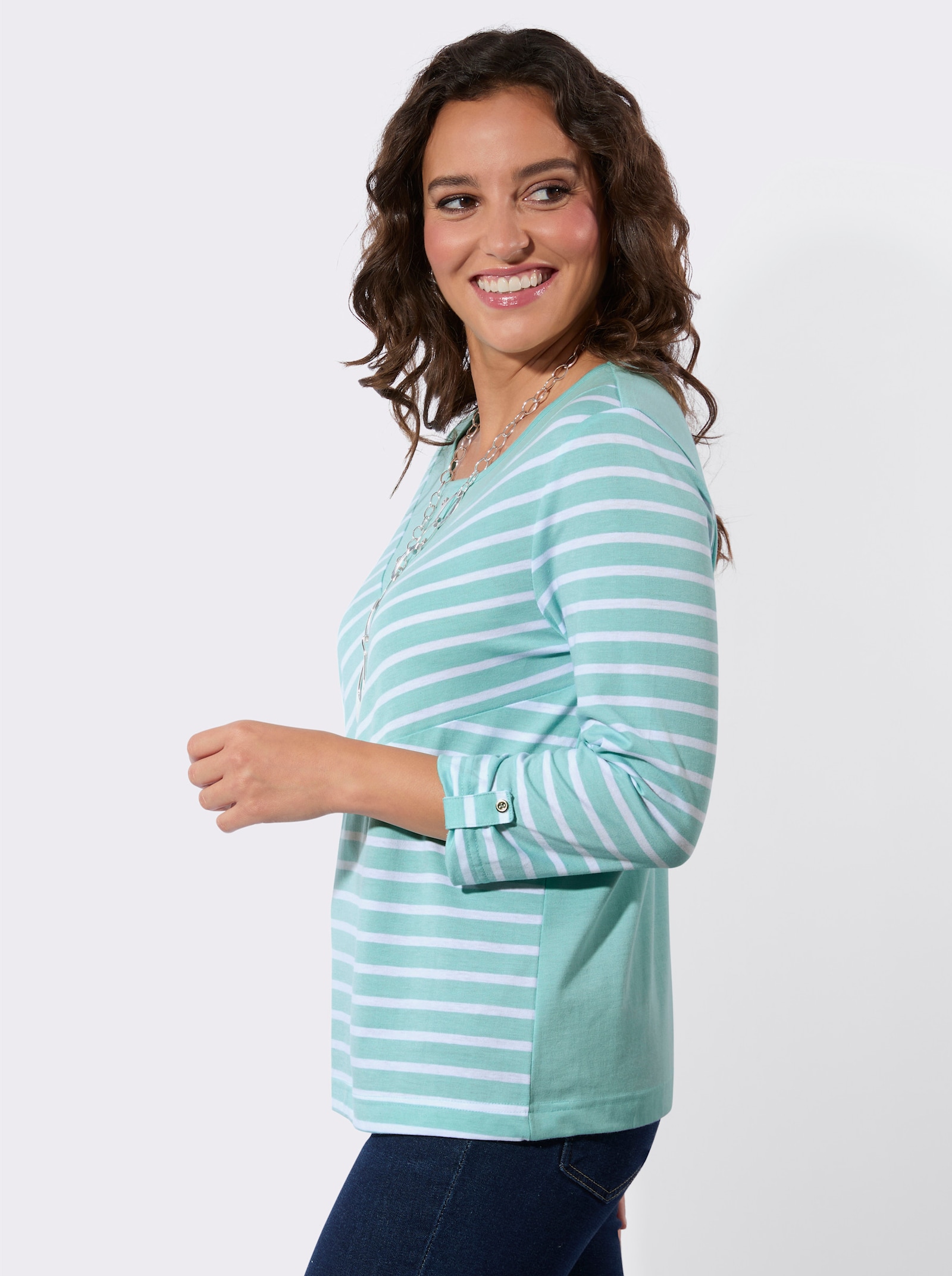 Ringelshirt mit Zierknöpfen - mint-ecru-gemustert