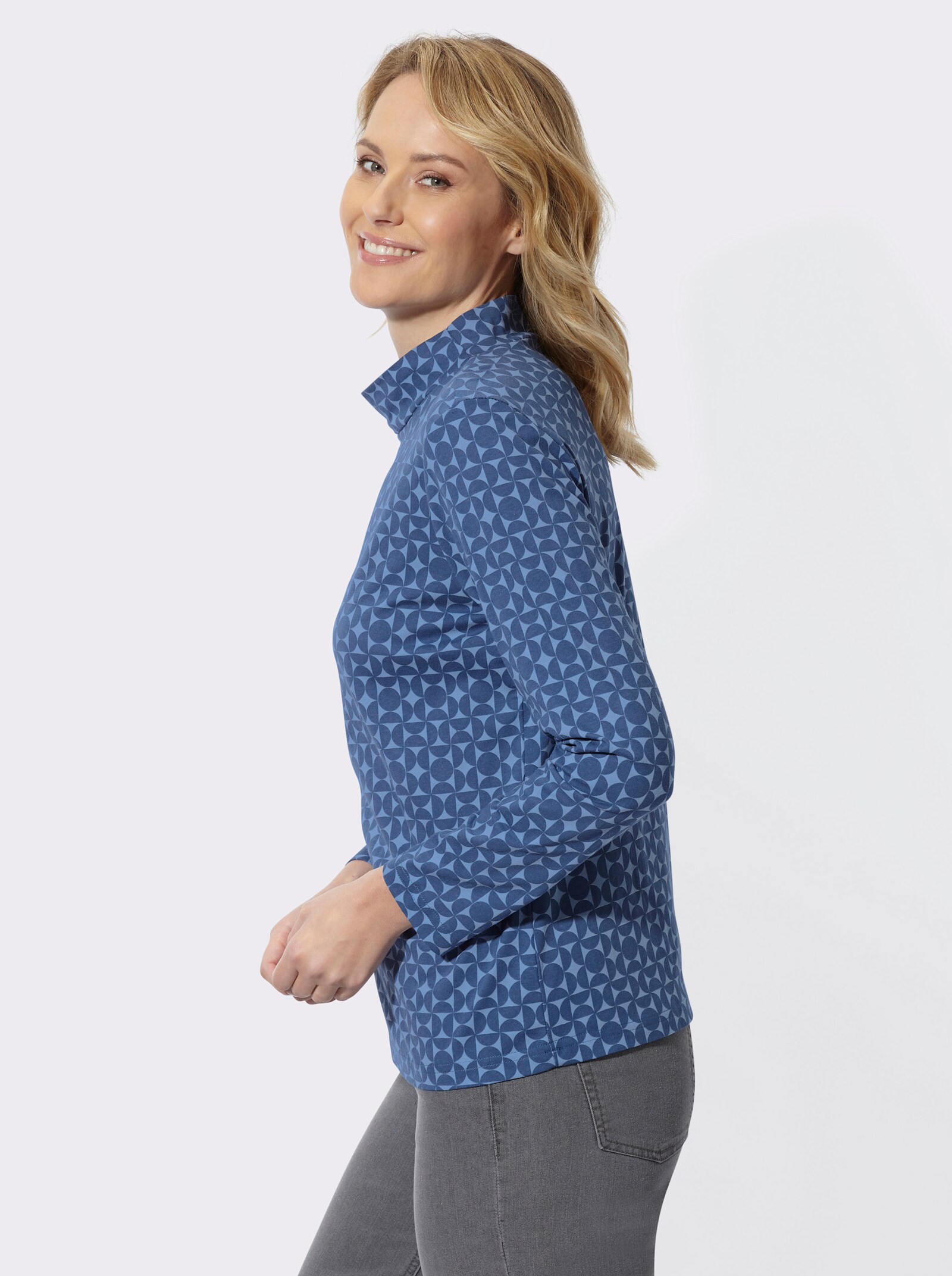 Stehkragenshirt mit Minimalmuster - jeansblau-bleu-bedruckt