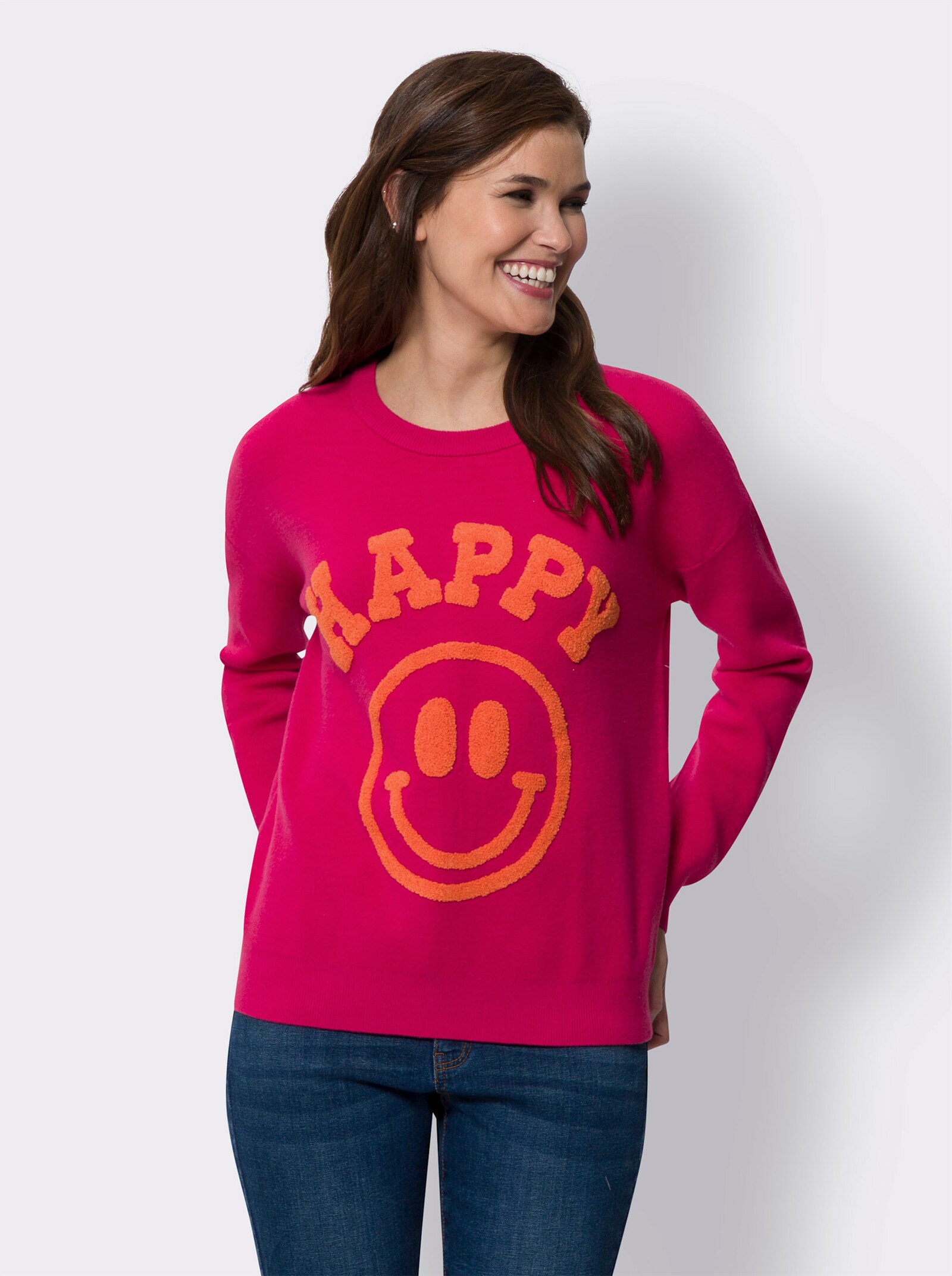 heine Rundhalspullover in Feinstrick-Qualität, mit Smiley-Schriftzug - pink
