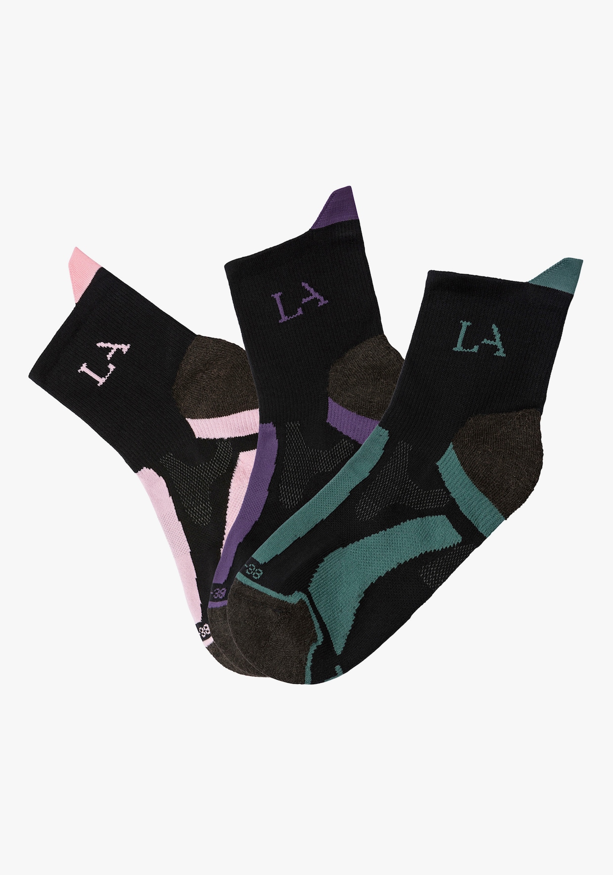 LASCANA ACTIVE Wandersocken - 1x schwarz-lila, 1x schwarz-rosa, 1x schwarz-grün