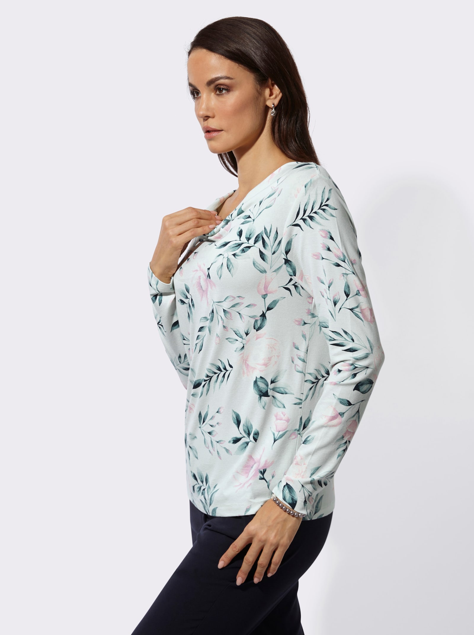 Langarmshirt mit Wasserfall-Ausschnitt - kalkmint-aquapetrol-bedruckt