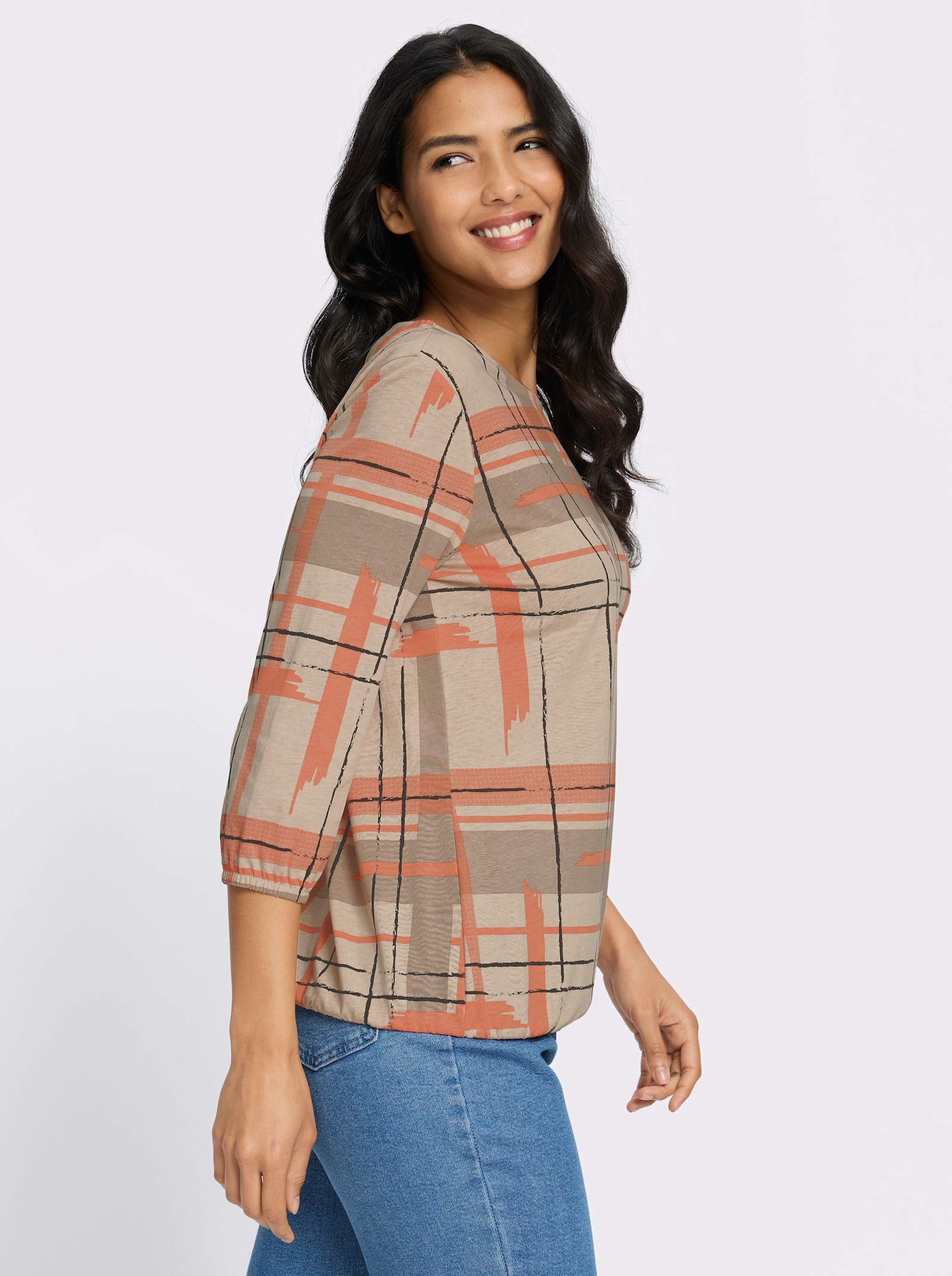 3/4-Arm-Shirt mit grafischem Allover-Druck - sand-papaya-bedruckt