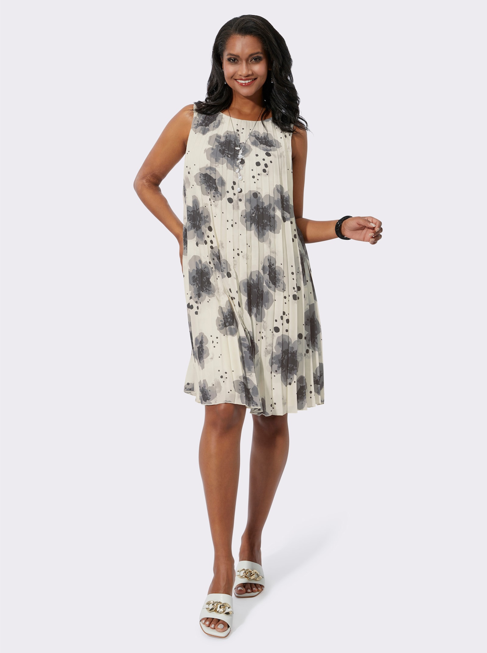 Plisseekleid in leichter A-Linie - champagner-grau-bedruckt