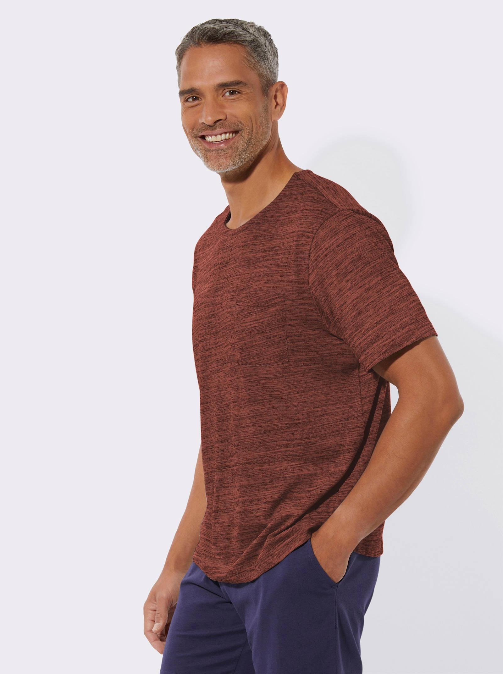 Schlafanzugshirt mit Brusttasche - rotbraun-meliert