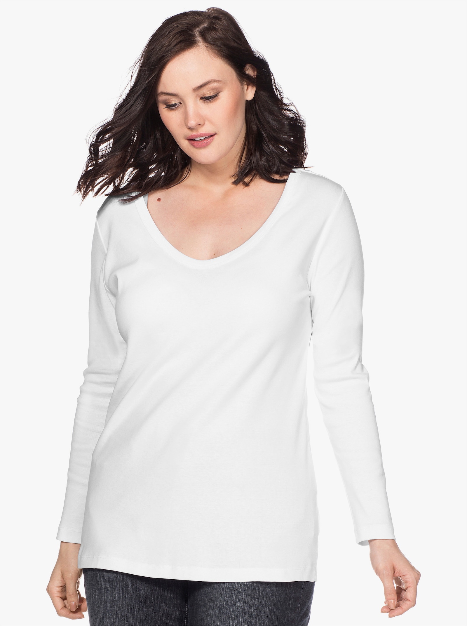 sheego Shirt met lange mouwen en ronde hals, ribmateriaal - wit