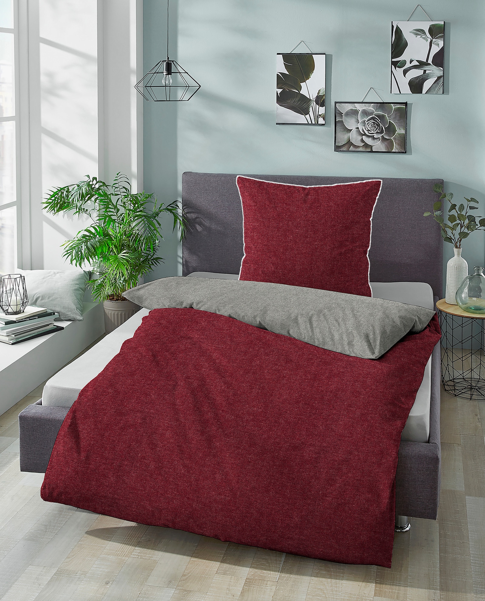 Biberna Bettwäsche - dunkelrot-grau