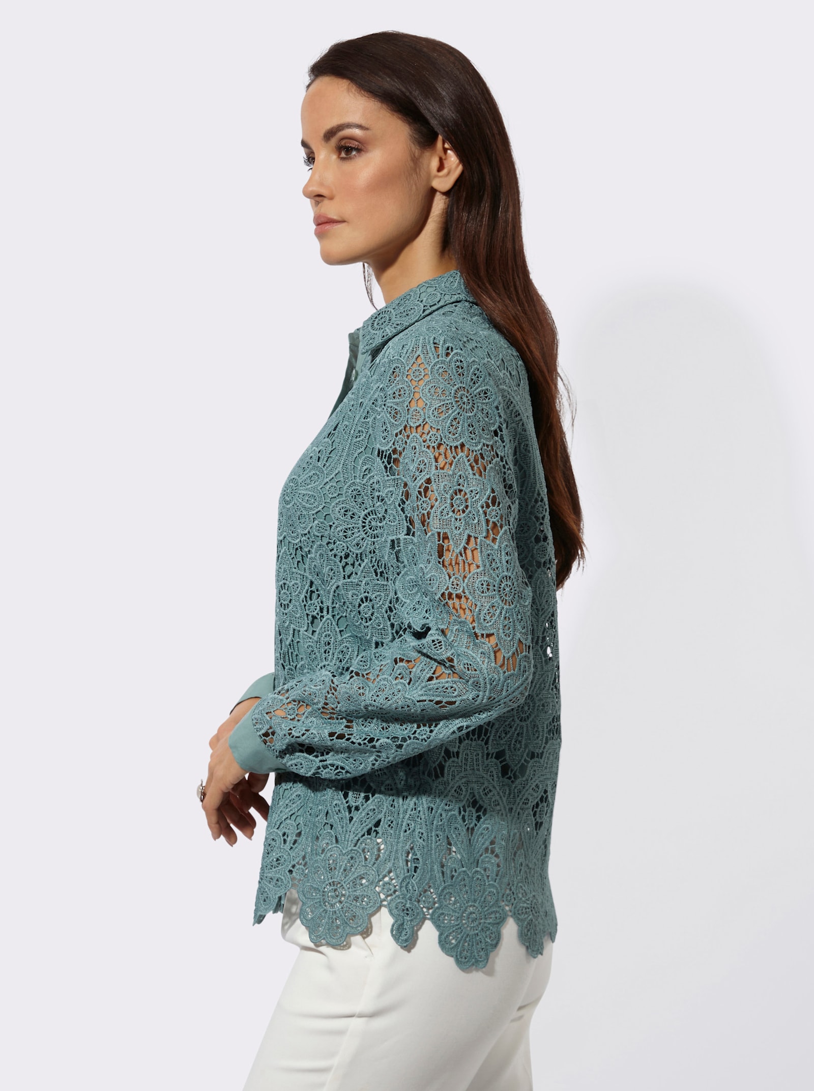 Spitzenbluse mit Hemdkragen - jade