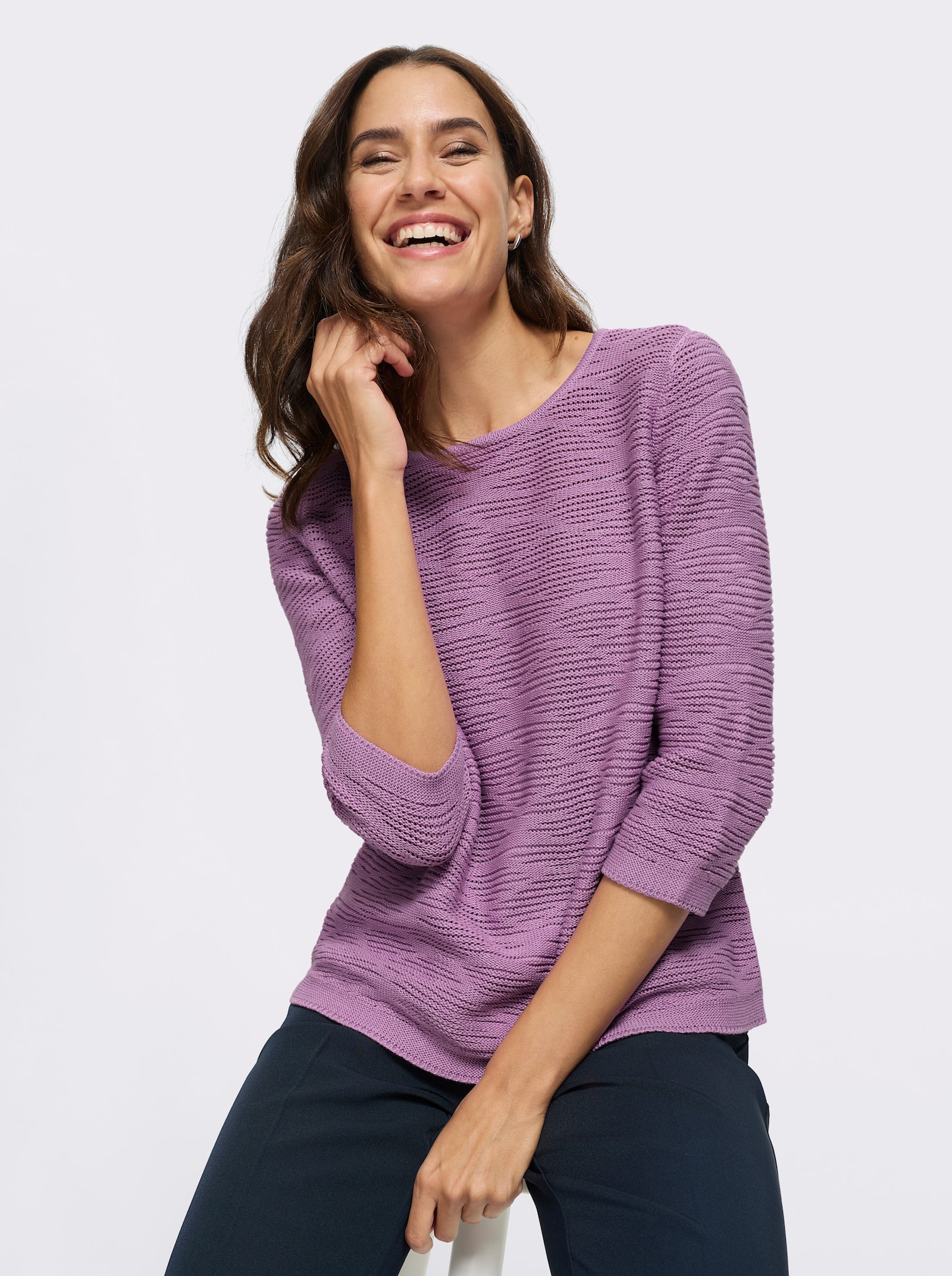 Baumwollpullover mit Bündchen in Linksstrick - orchidee